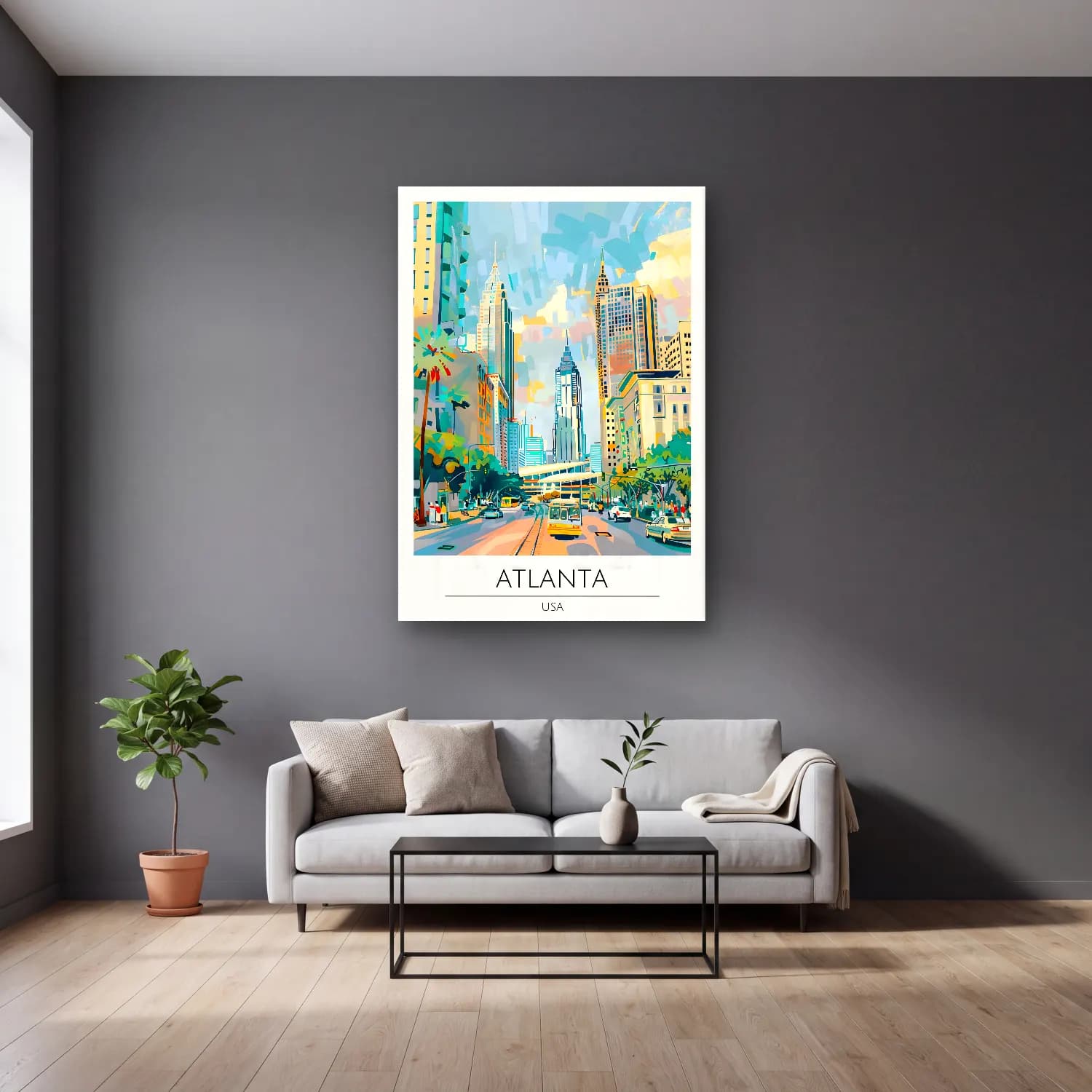 Pop Art New York Silüeti No. 3 cam tablo — gri duvarlı salonda