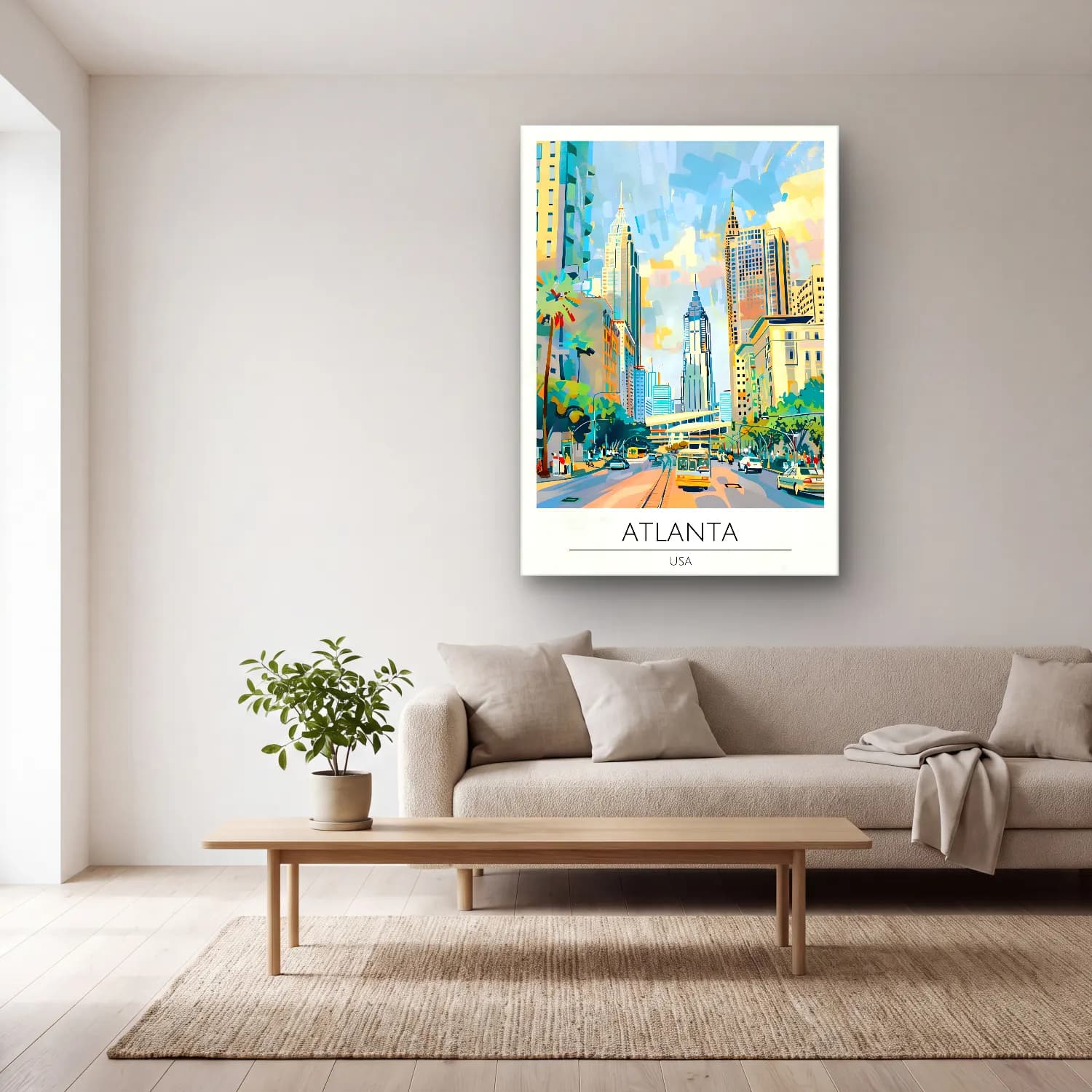 Pop Art New York Silüeti No. 3 cam tablo — açık renk salonda
