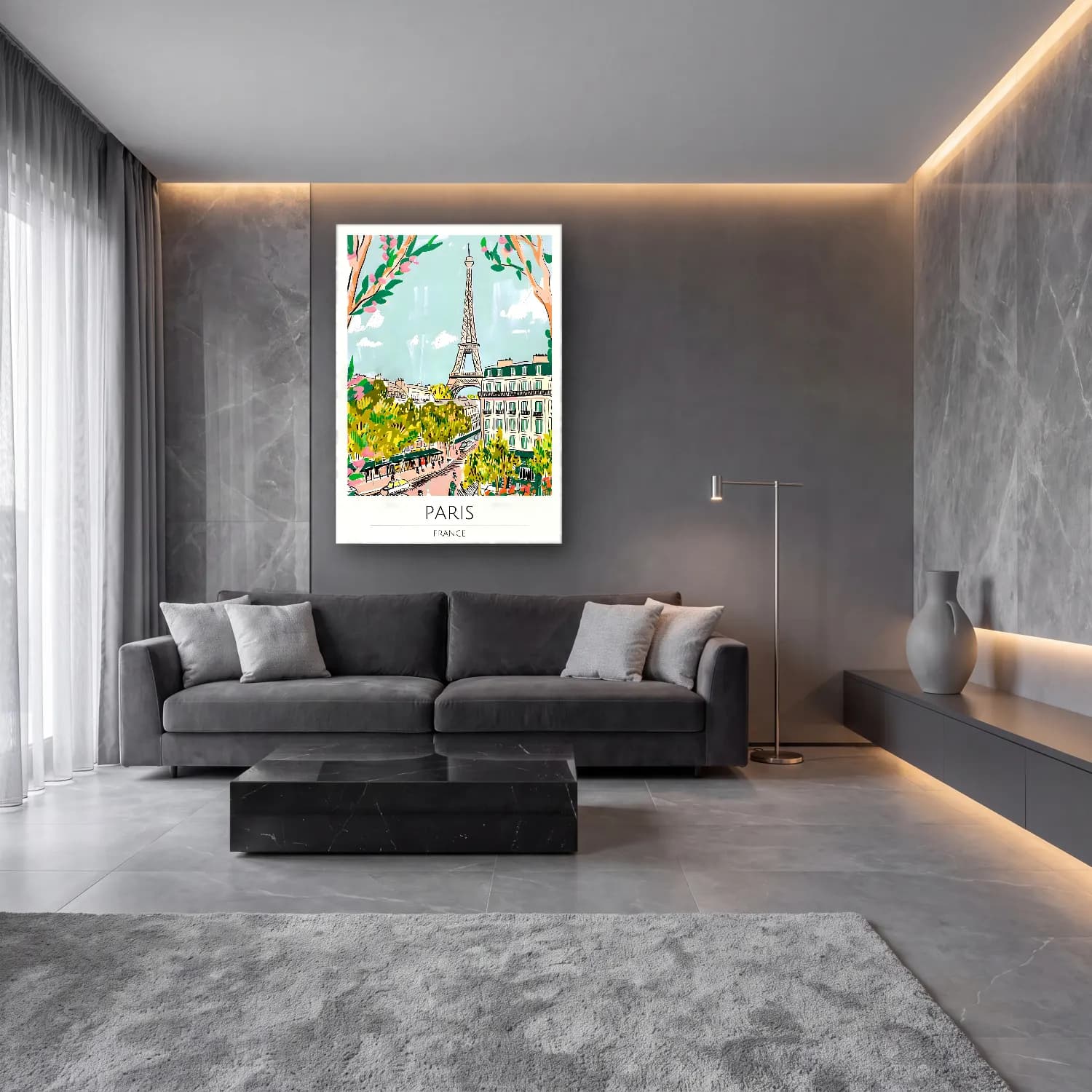 Pastel Paris ve Eyfel Kulesi – Turkuaz Tonlar cam tablo — lüks salon duvarında