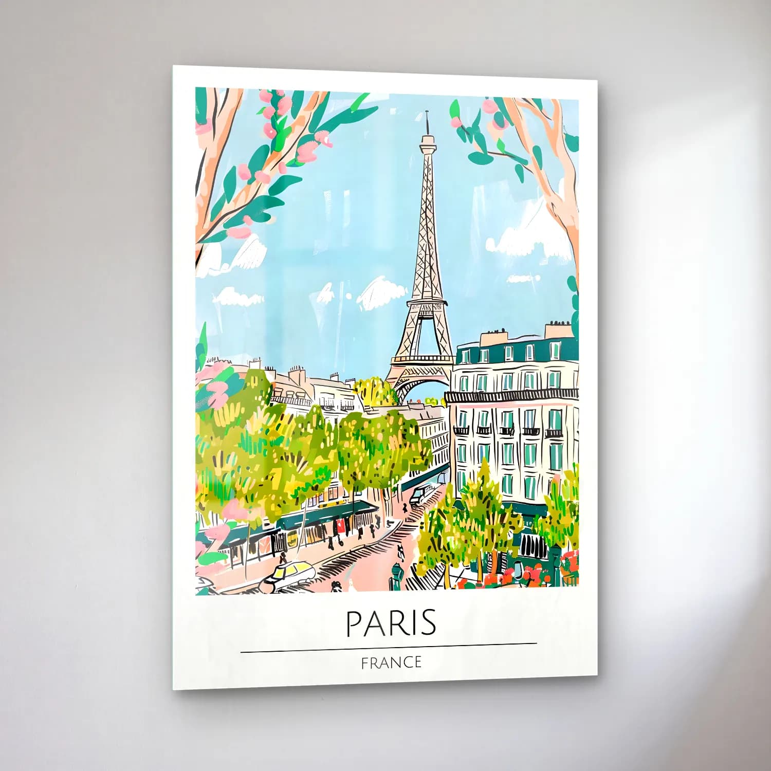 Pastel Paris ve Eyfel Kulesi – Turkuaz Tonlar cam tablo — sol açıdan görünüm