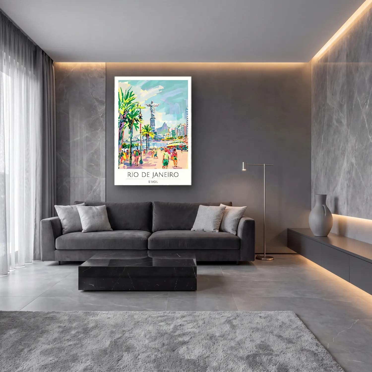 Pastel Sahilde İnsanlar No. 15 cam tablo — lüks salon duvarında