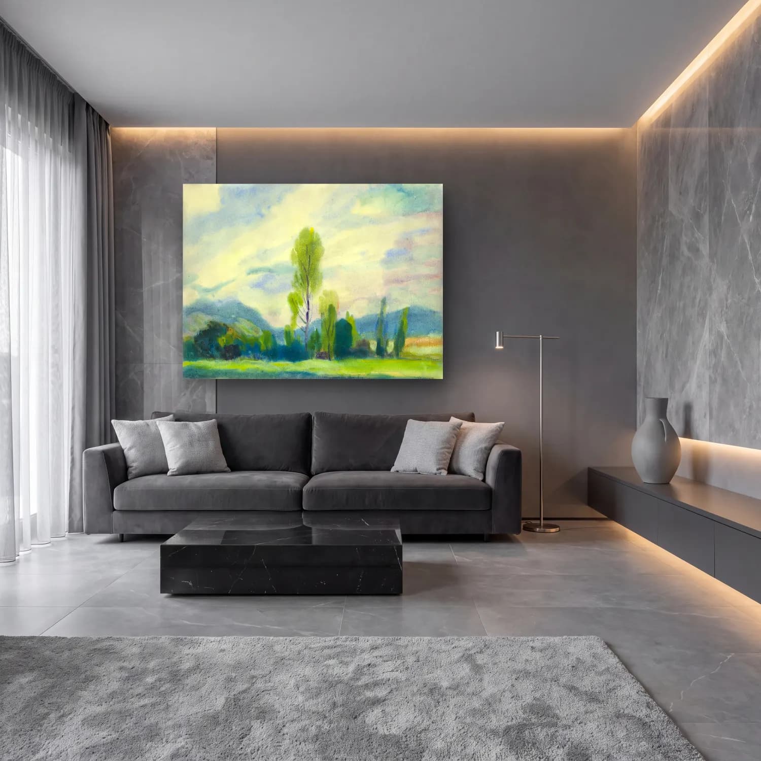 Suluboya Yalnız Ağaç – Pastel Tonlar cam tablo — lüks salon duvarında