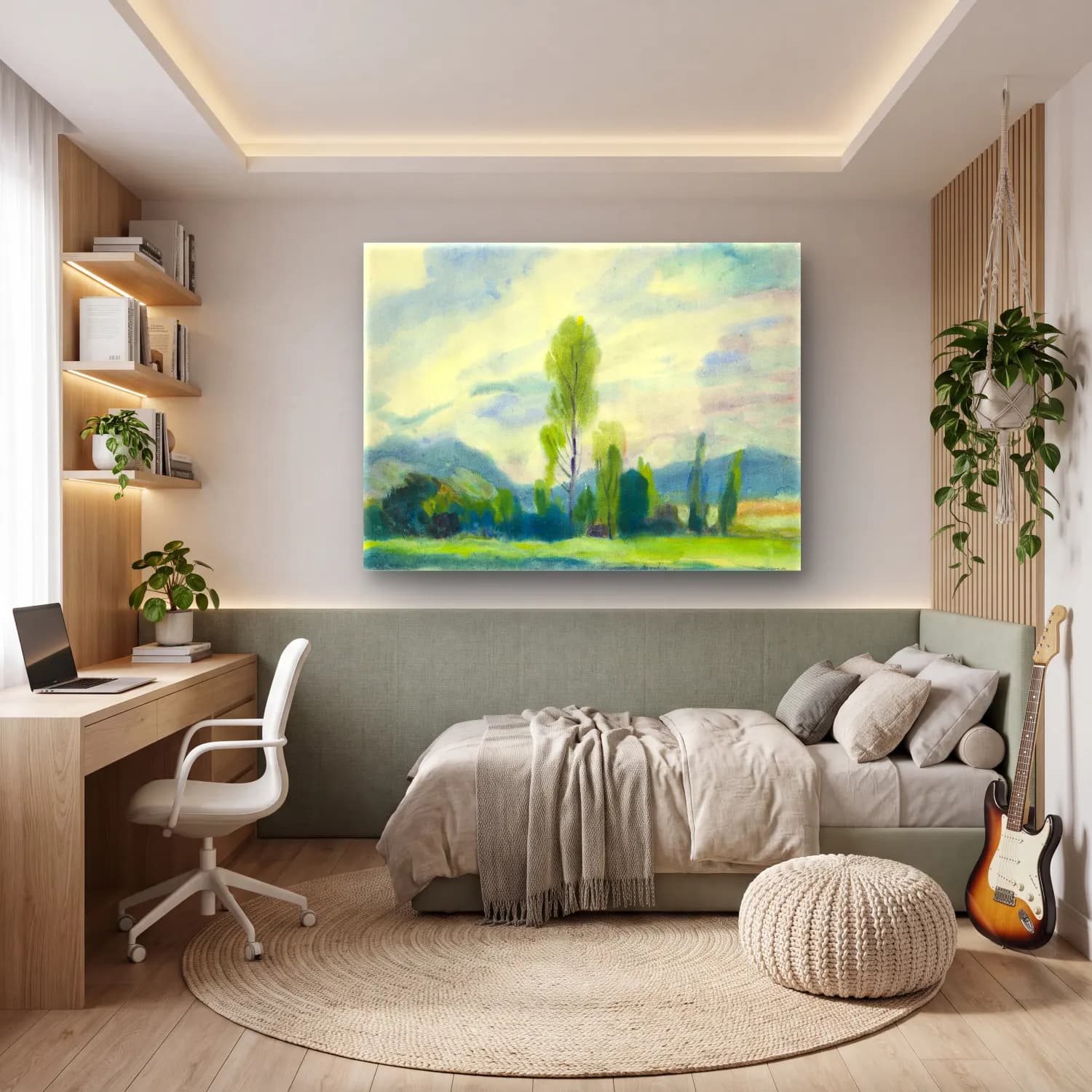 Suluboya Yalnız Ağaç – Pastel Tonlar cam tablo — genç odasında