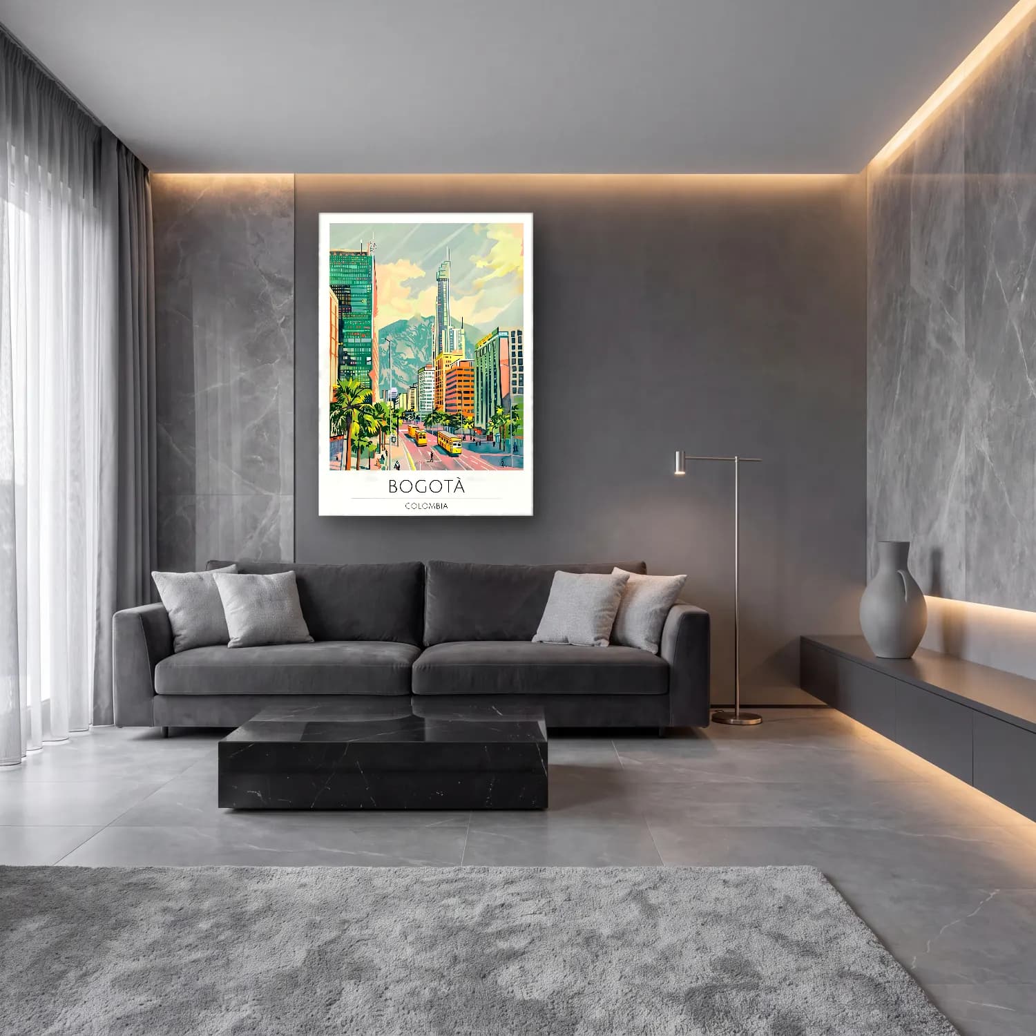 Pastel Japon Şehri No. 34 cam tablo — lüks salon duvarında