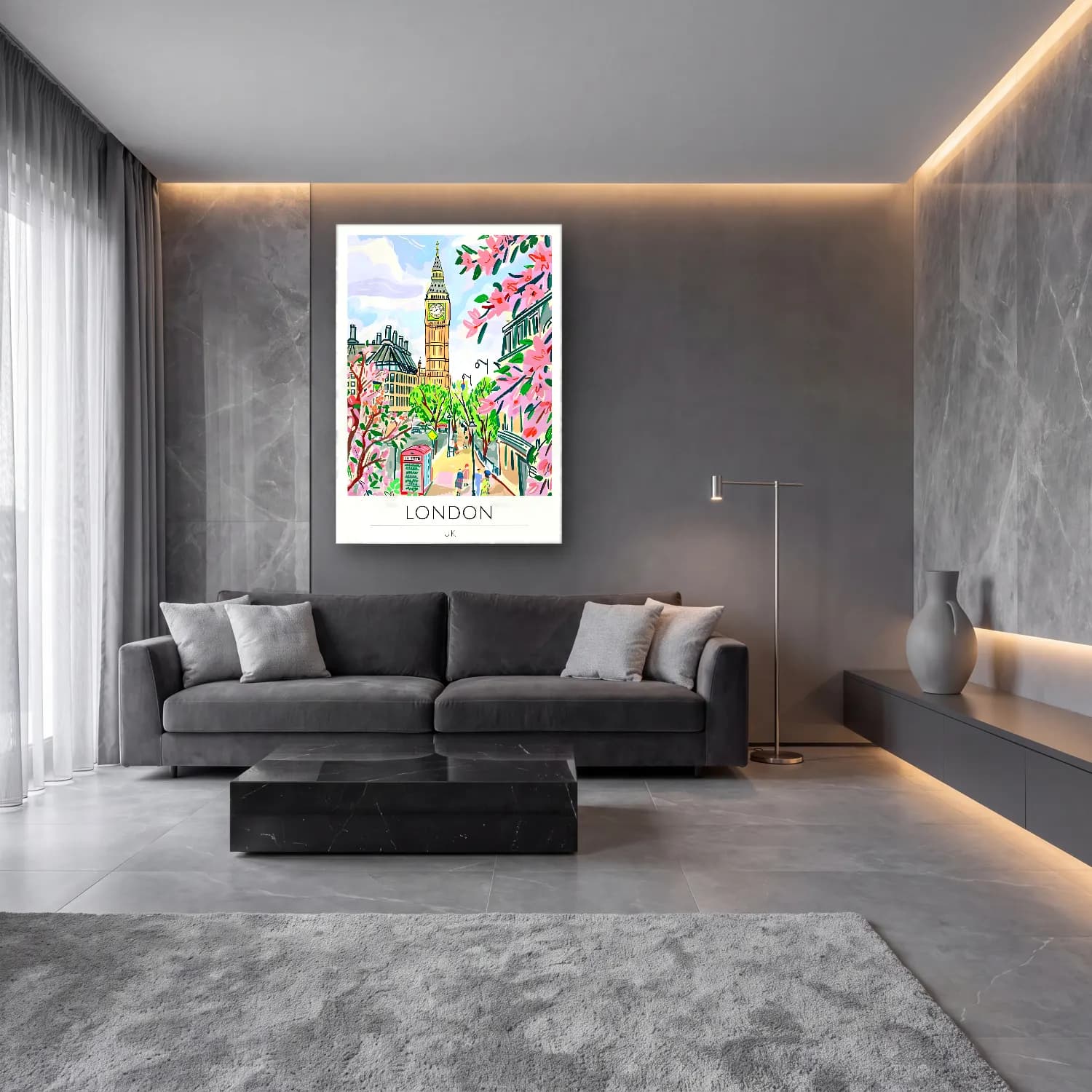 Pastel Londra No. 8 cam tablo — lüks salon duvarında