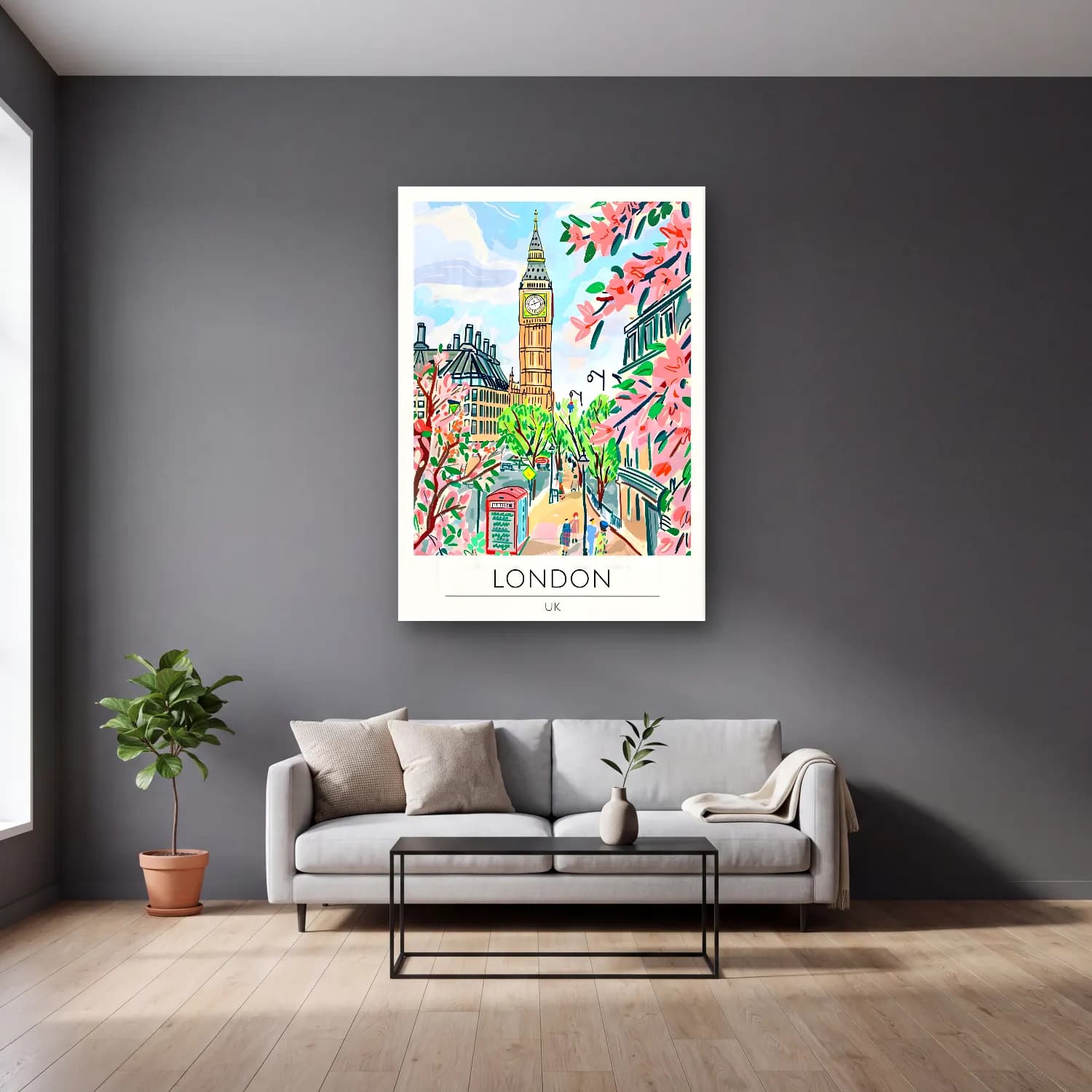 Pastel Londra No. 8 cam tablo — gri duvarlı salonda