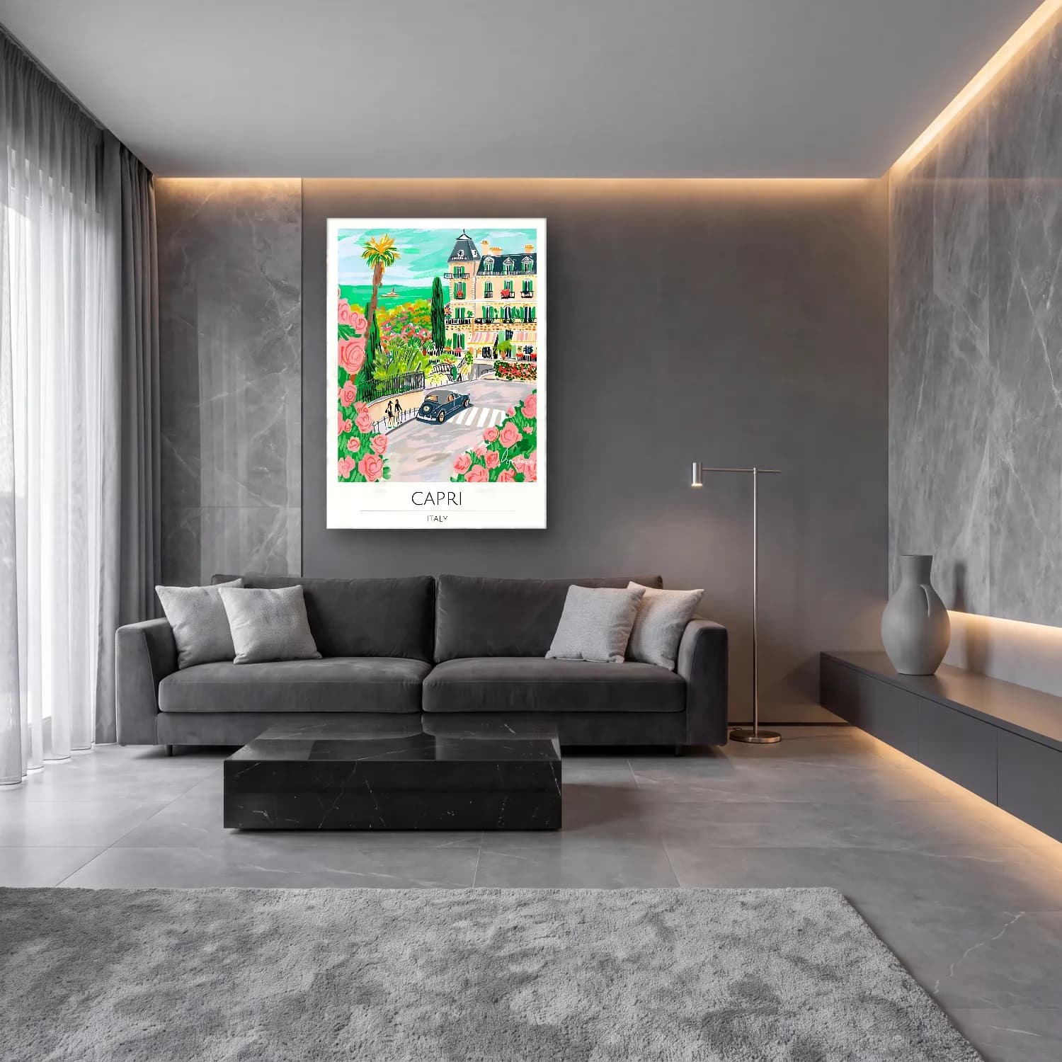 Pastel Akdeniz Sahil Kasabası No. 43 cam tablo — lüks salon duvarında