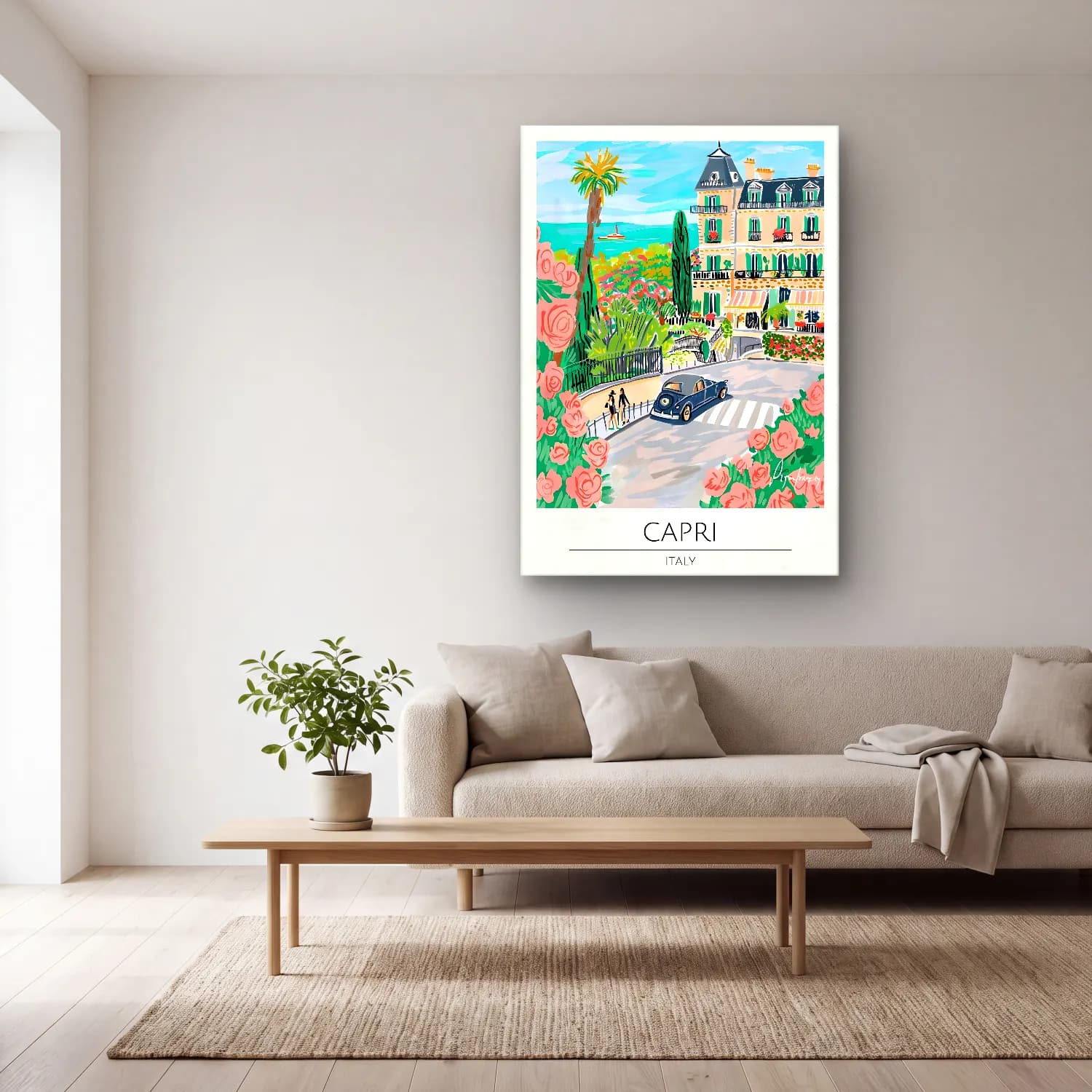 Pastel Akdeniz Sahil Kasabası No. 43 cam tablo — açık renk salonda