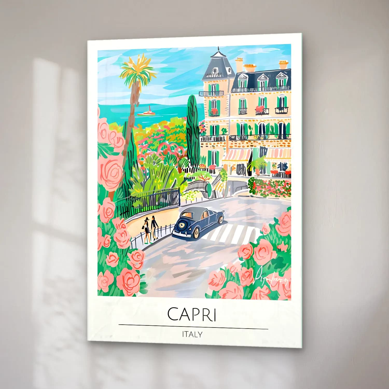 Pastel Akdeniz Sahil Kasabası No. 43 cam tablo — sağ açıdan görünüm