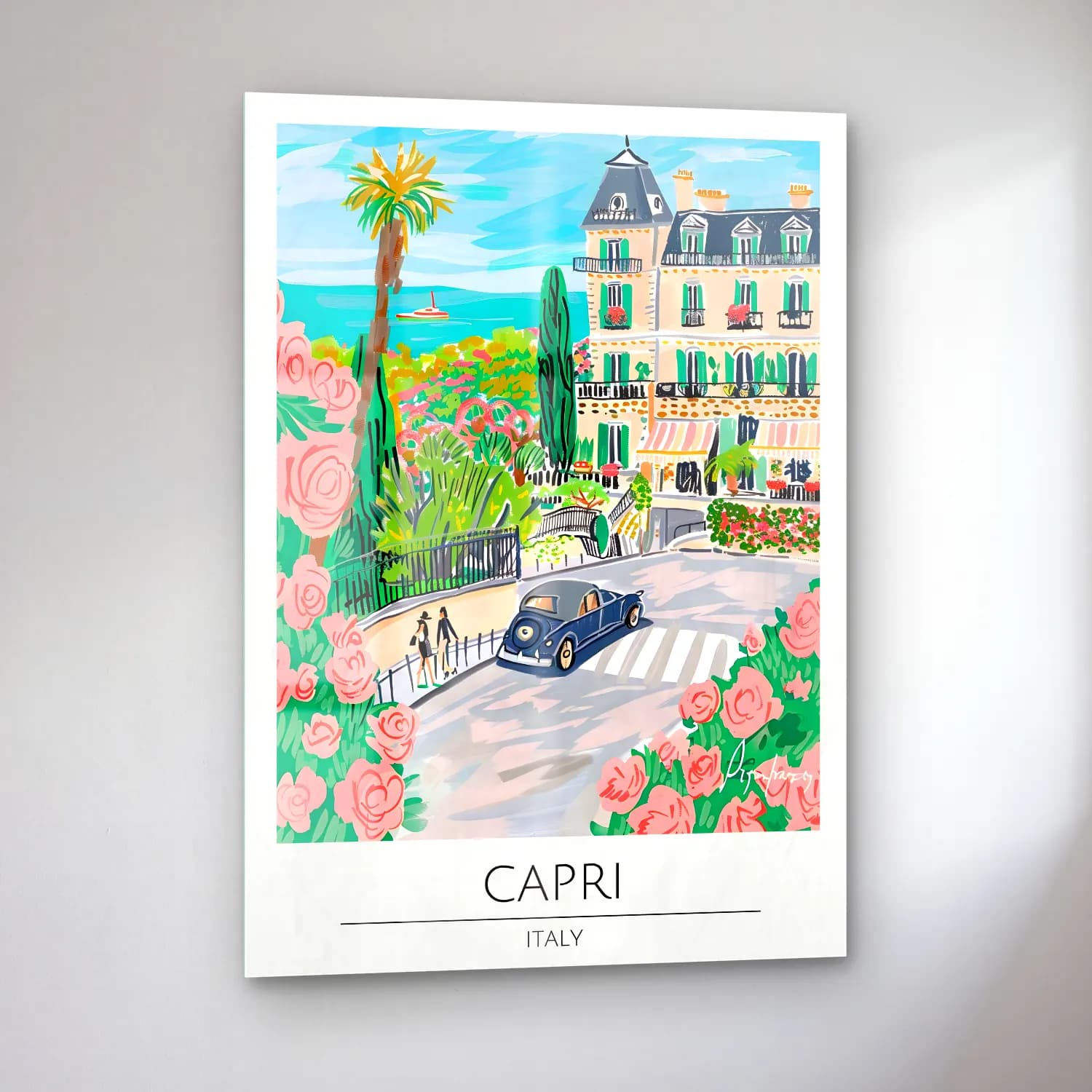 Pastel Akdeniz Sahil Kasabası No. 43 cam tablo — sol açıdan görünüm