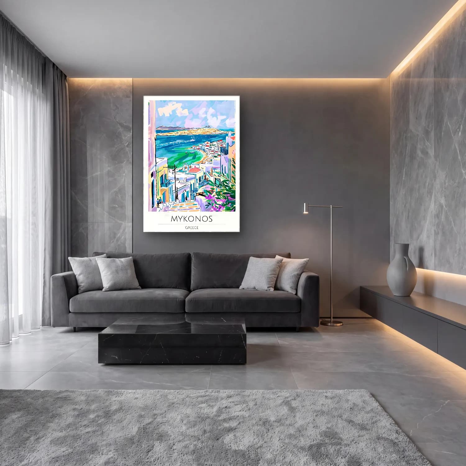 Boho Yunan Adası – Turkuaz Tonlar cam tablo — lüks salon duvarında