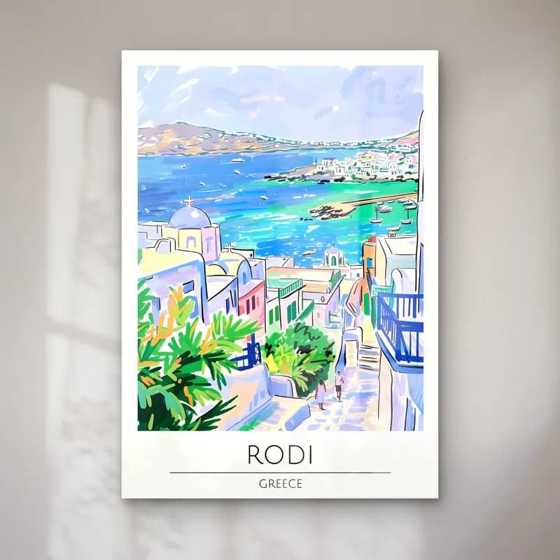 Suluboya Yunan Adası – Pastel Tonlar cam tablo — Suluboya Yunan Adası – Pastel Tonlar — suluboya yunan adası