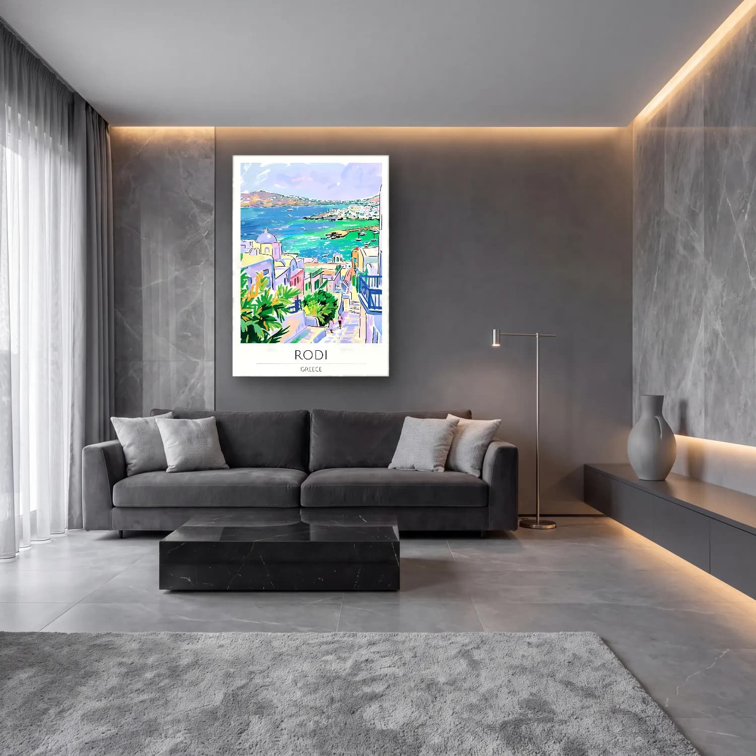 Suluboya Yunan Adası – Pastel Tonlar cam tablo — lüks salon duvarında