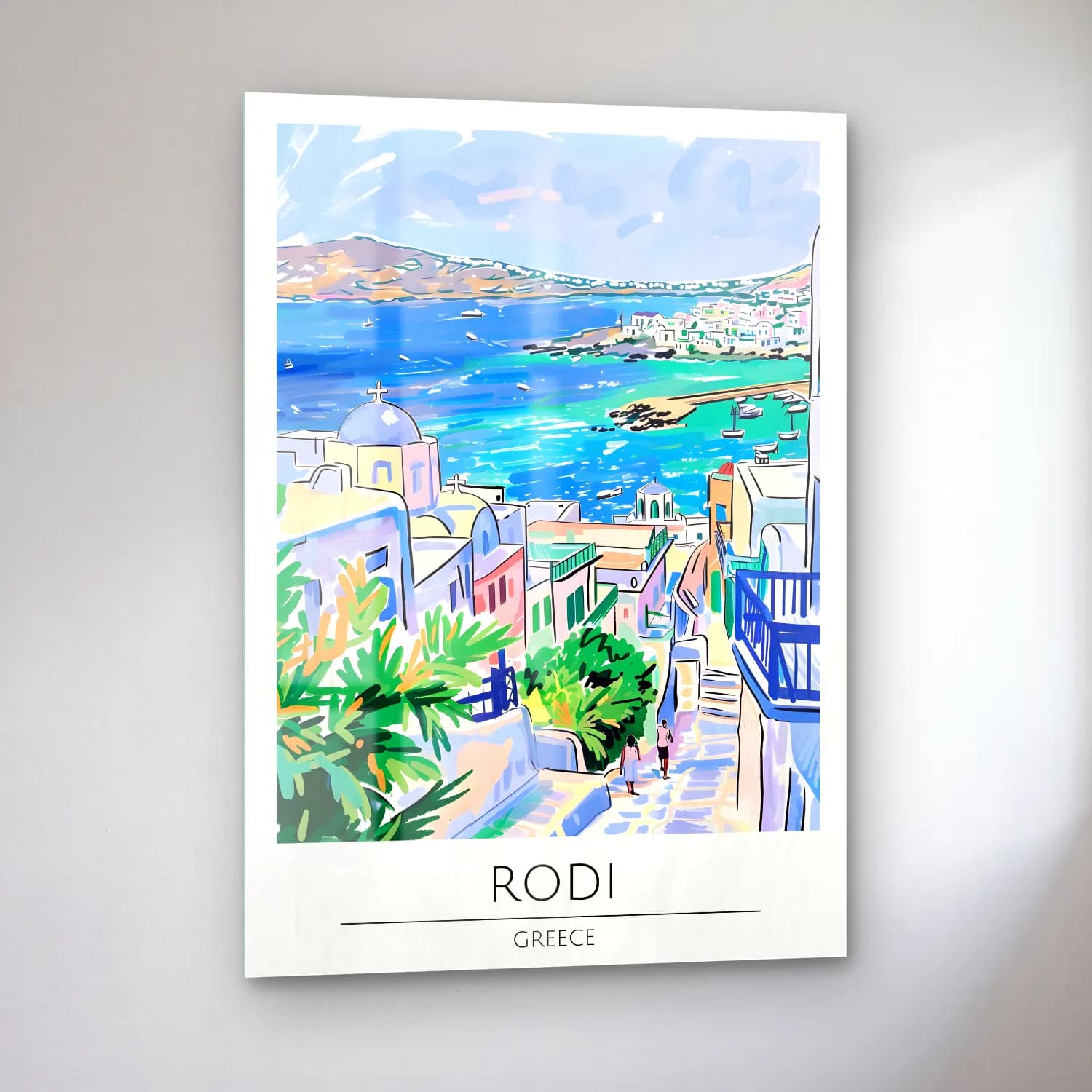 Suluboya Yunan Adası – Pastel Tonlar cam tablo — sol açıdan görünüm