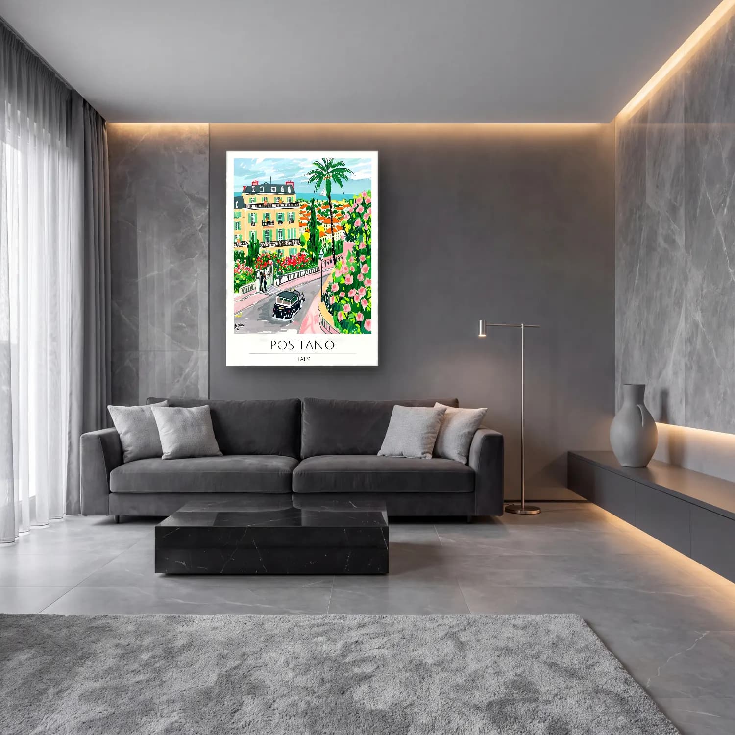 Pastel Akdeniz Sahil Kasabası No. 44 cam tablo — lüks salon duvarında