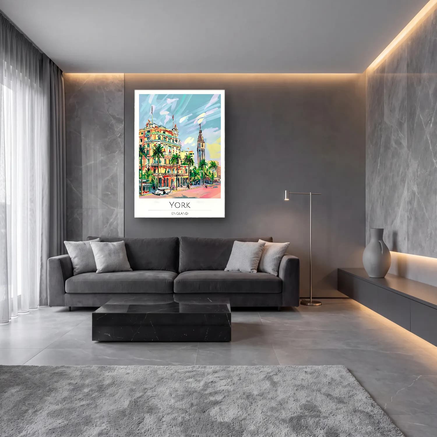 Pastel Akdeniz Sahil Kasabası No. 45 cam tablo — lüks salon duvarında