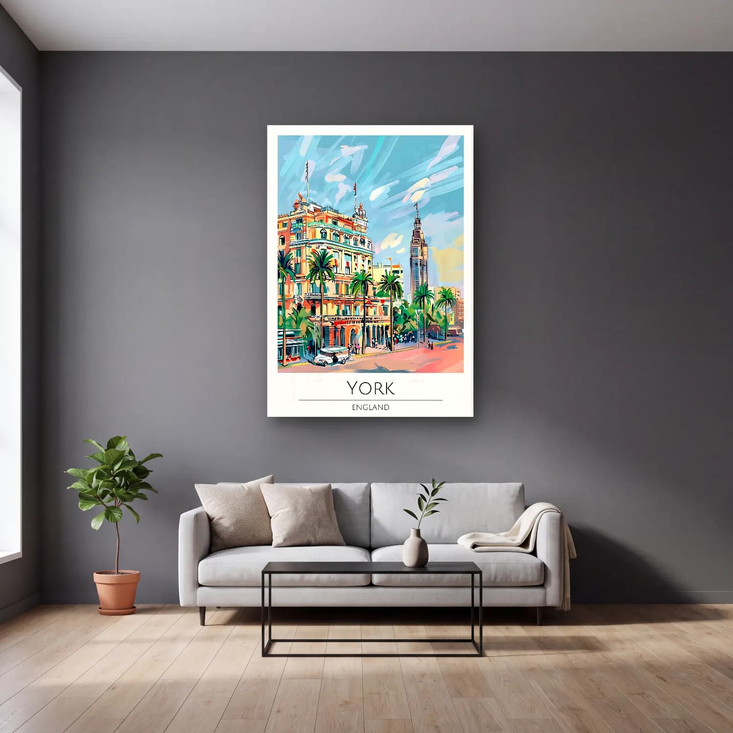 Pastel Akdeniz Sahil Kasabası No. 45 cam tablo — gri duvarlı salonda