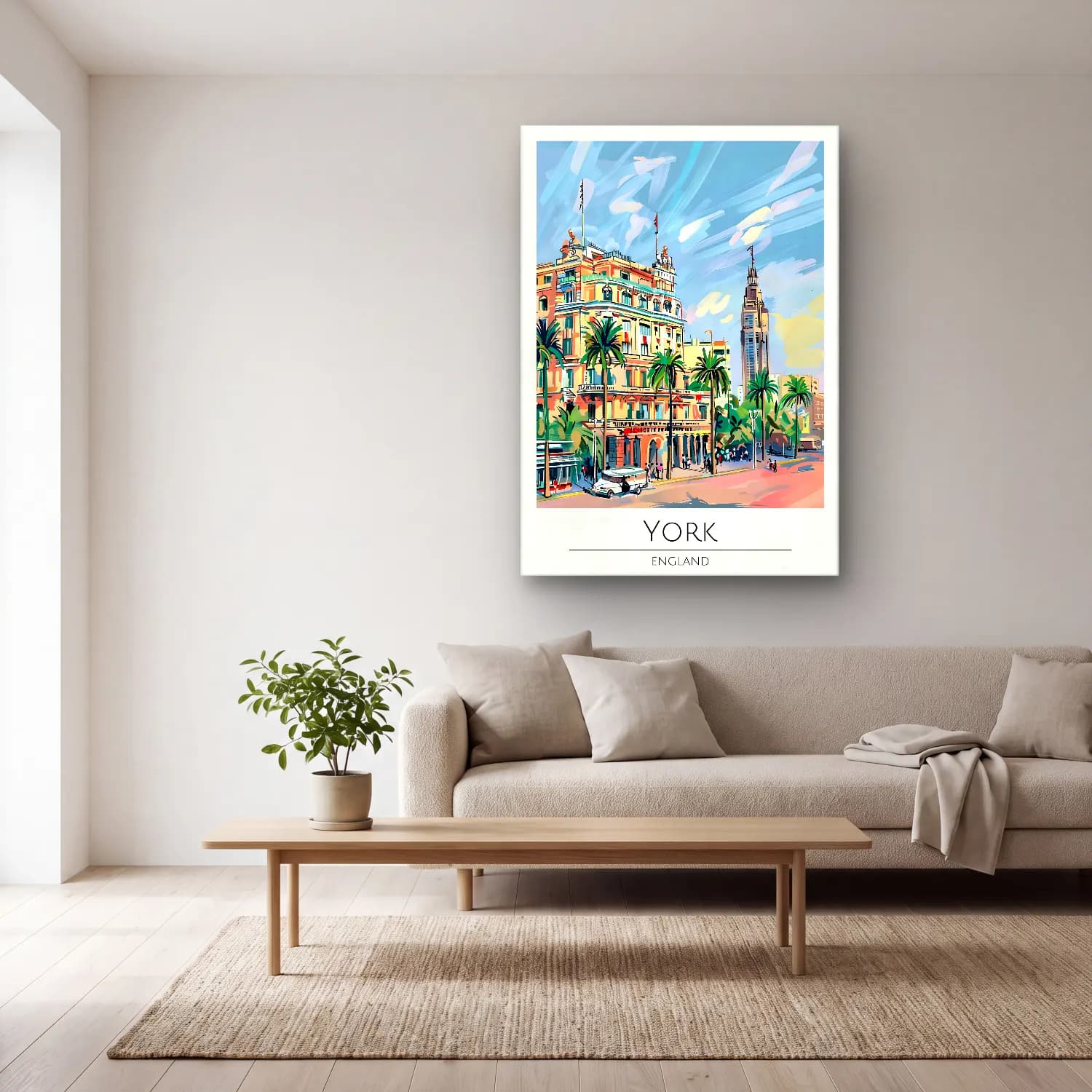 Pastel Akdeniz Sahil Kasabası No. 45 cam tablo — açık renk salonda