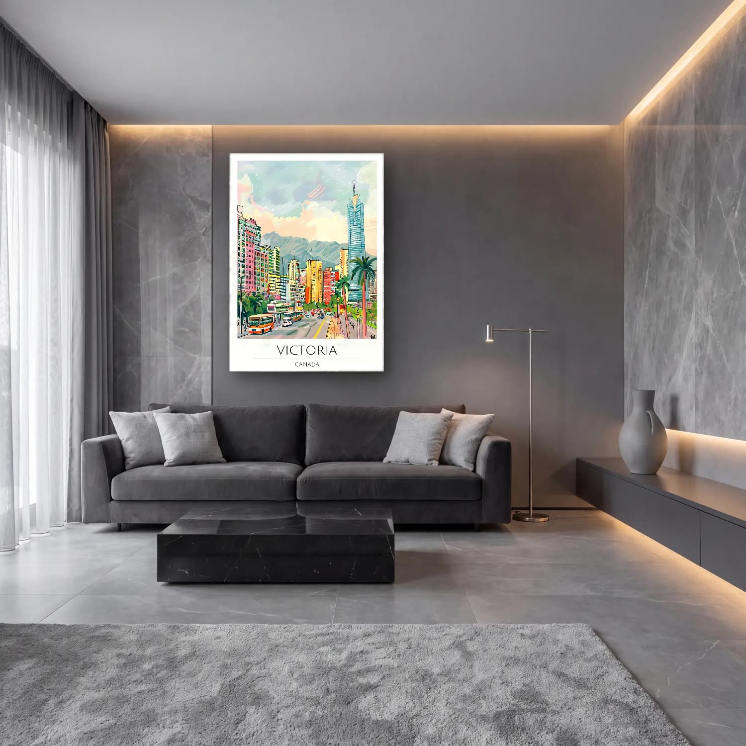 Pastel Japon Şehri No. 35 cam tablo — lüks salon duvarında