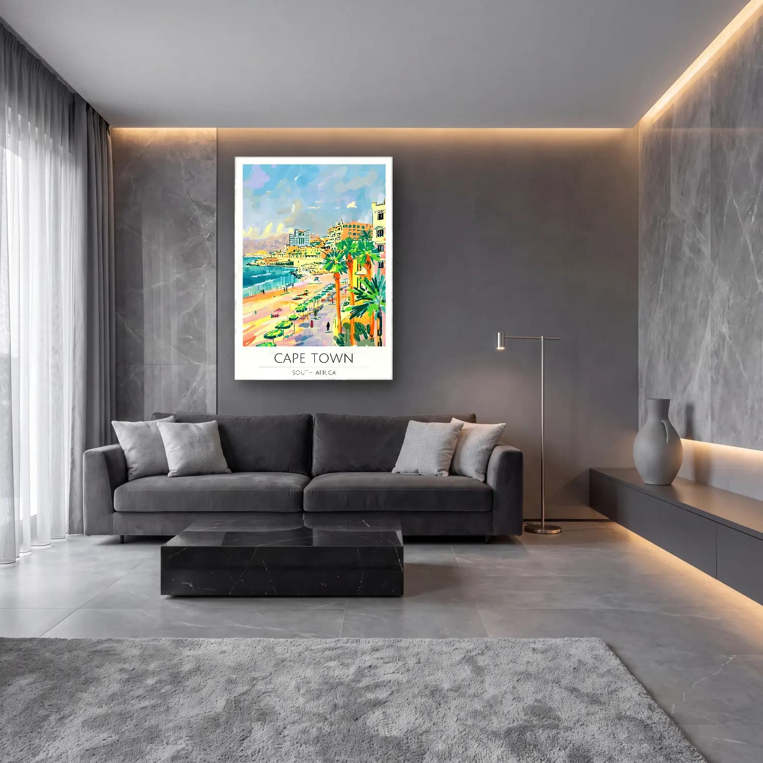 Pastel Akdeniz Sahil Kasabası No. 46 cam tablo — lüks salon duvarında