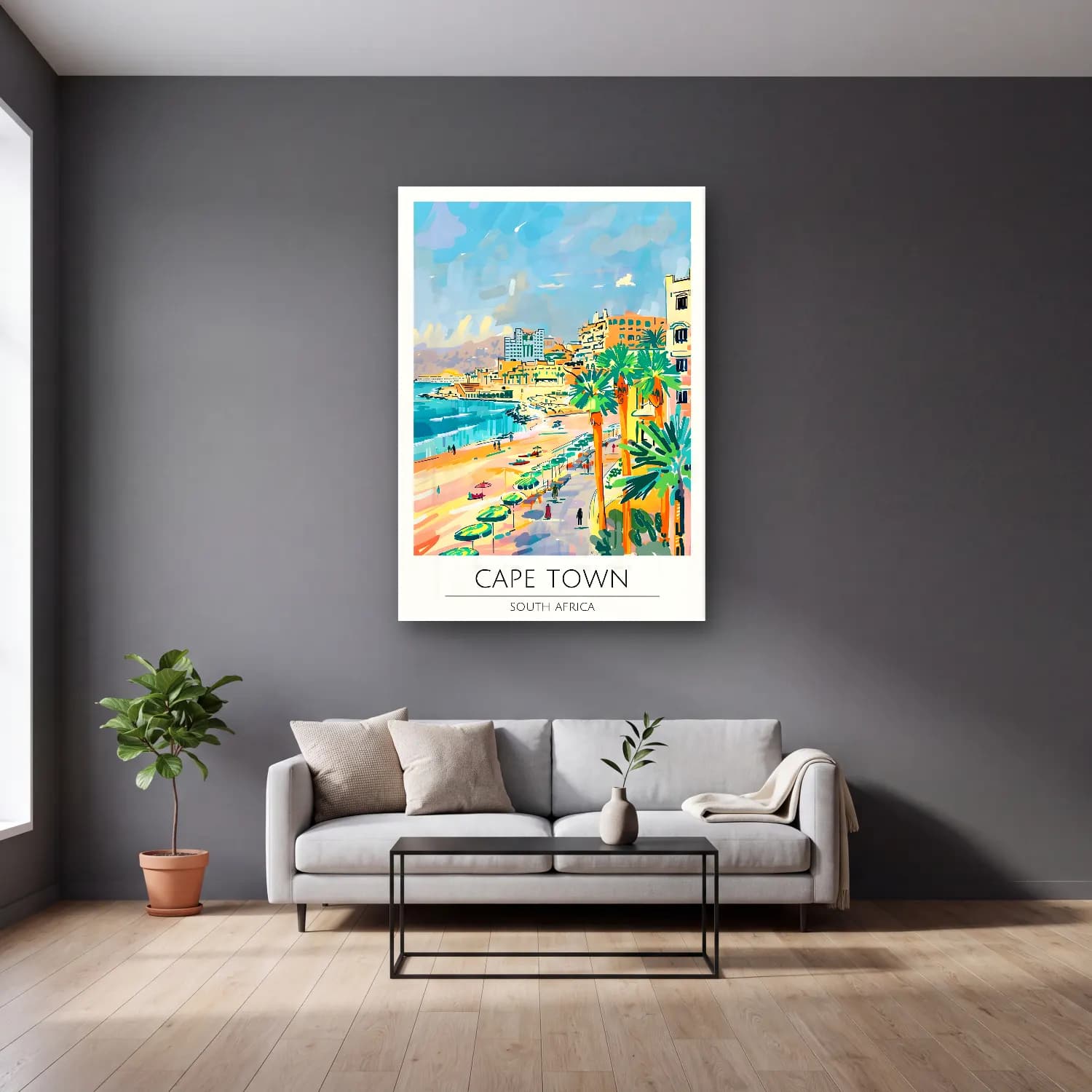 Pastel Akdeniz Sahil Kasabası No. 46 cam tablo — gri duvarlı salonda