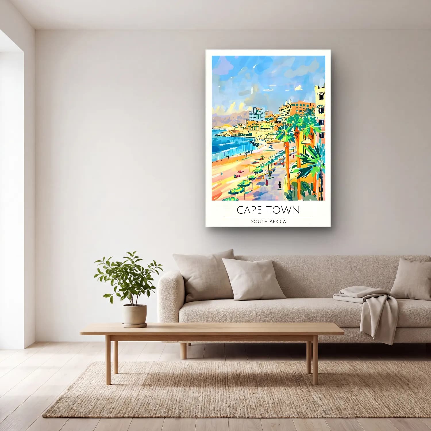 Pastel Akdeniz Sahil Kasabası No. 46 cam tablo — açık renk salonda