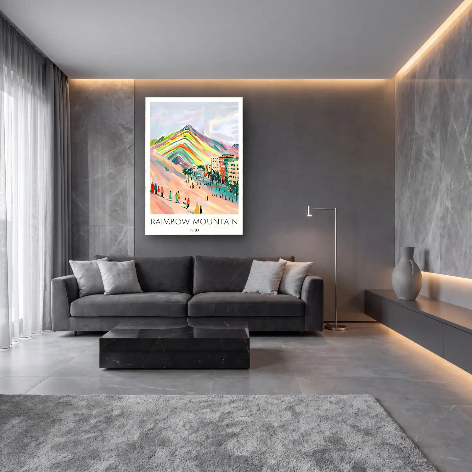Maksimalist Akdeniz Sahil Kasabası – Pastel Tonlar cam tablo — lüks salon duvarında