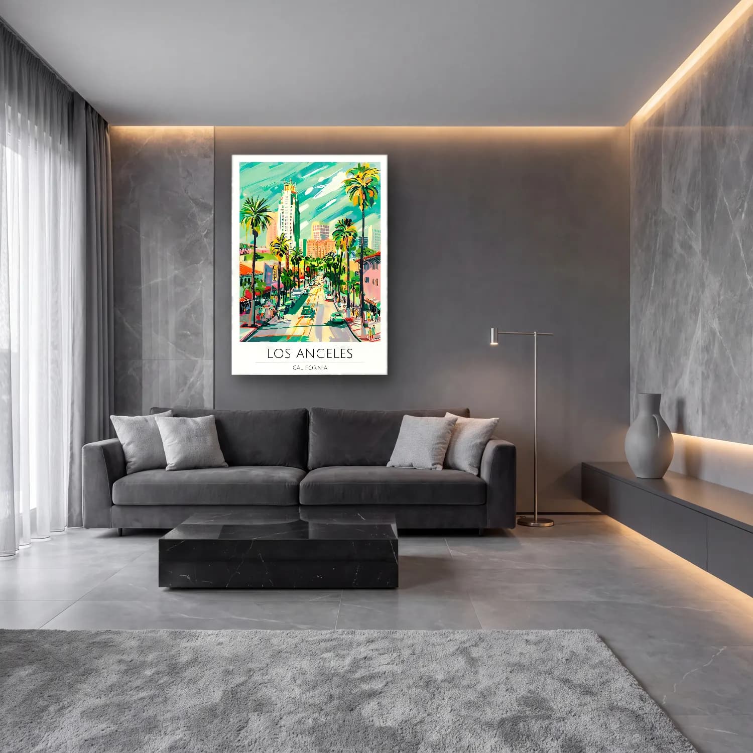 Pastel Köy Sokağı No. 14 cam tablo — lüks salon duvarında