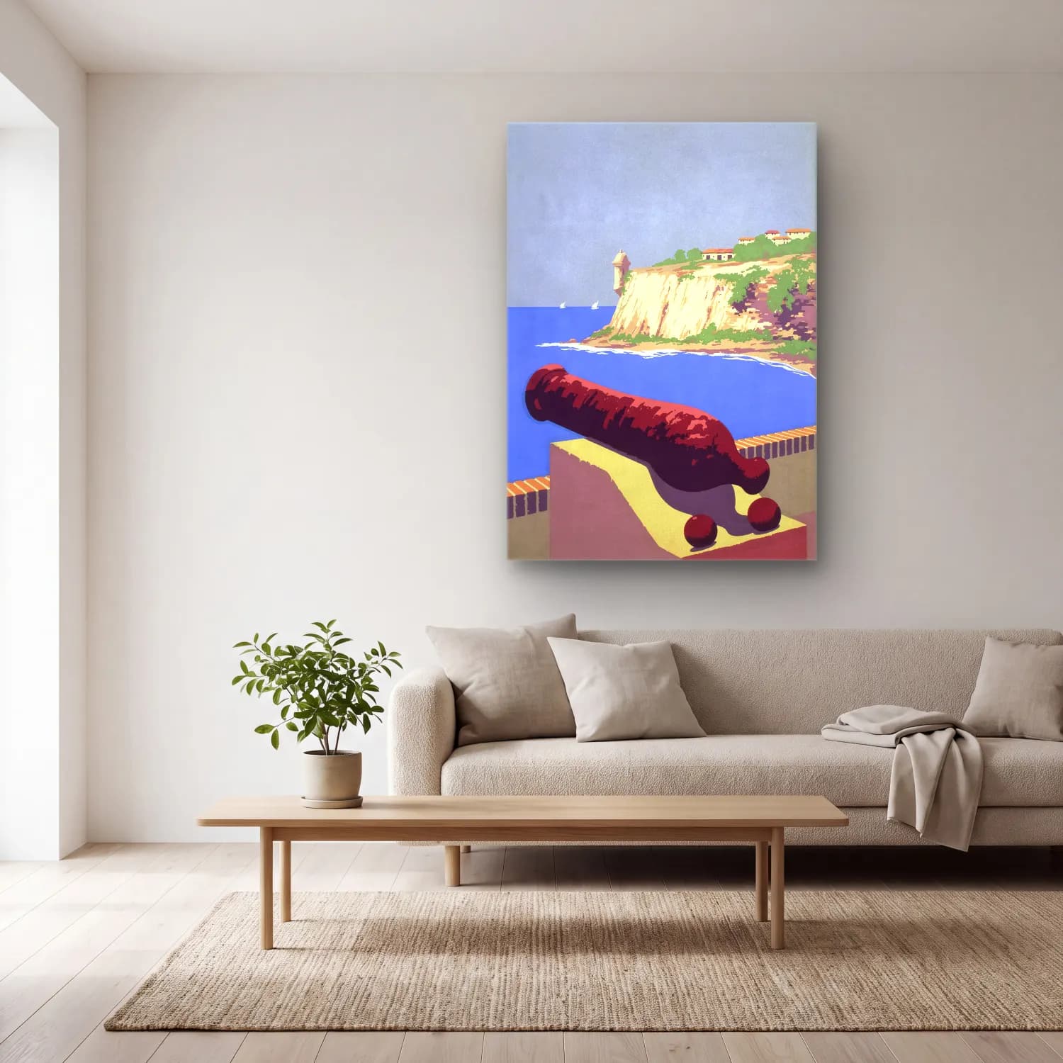 Vintage Poster Akdeniz Sahil Kasabası No. 23 cam tablo — açık renk salonda