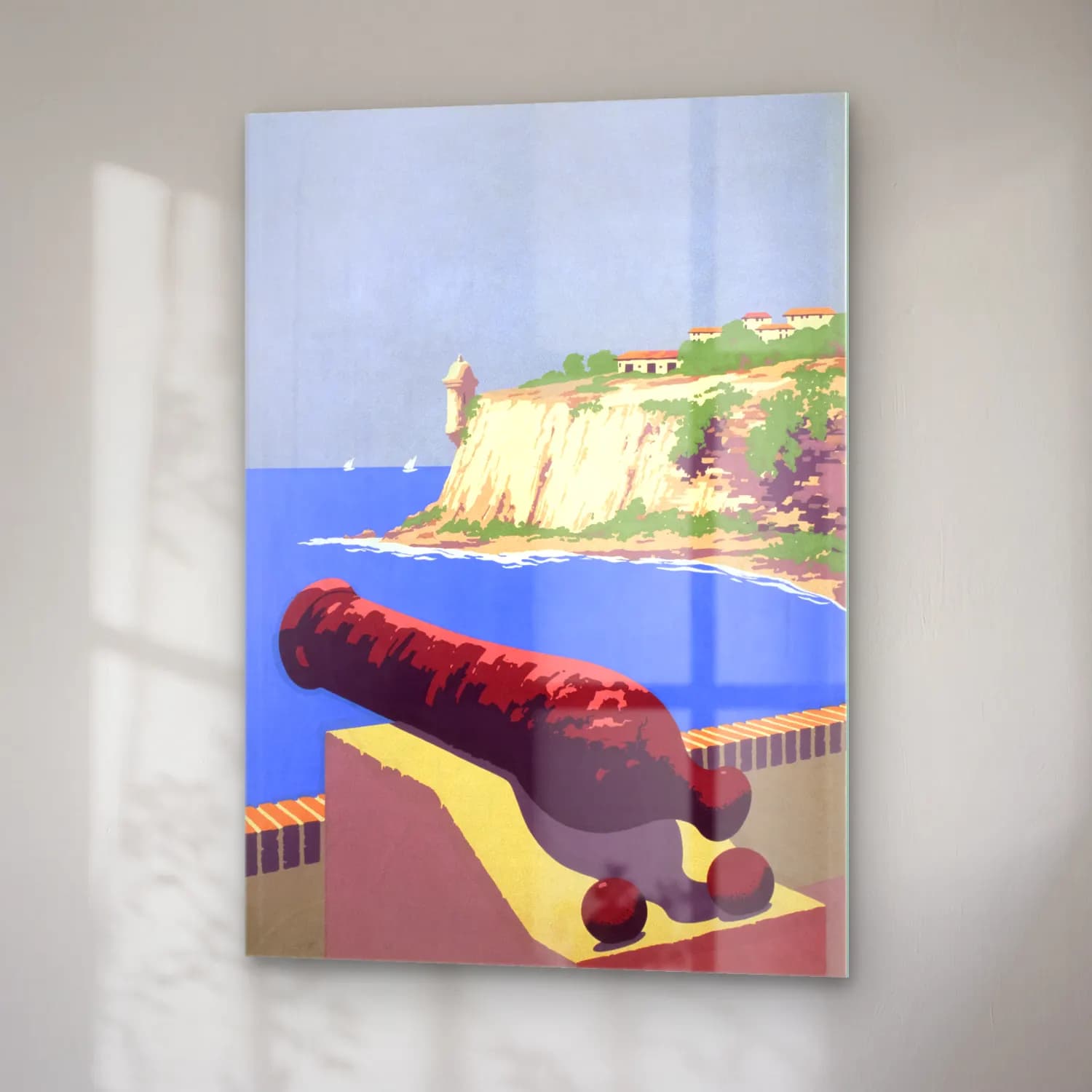 Vintage Poster Akdeniz Sahil Kasabası No. 23 cam tablo — sağ açıdan görünüm