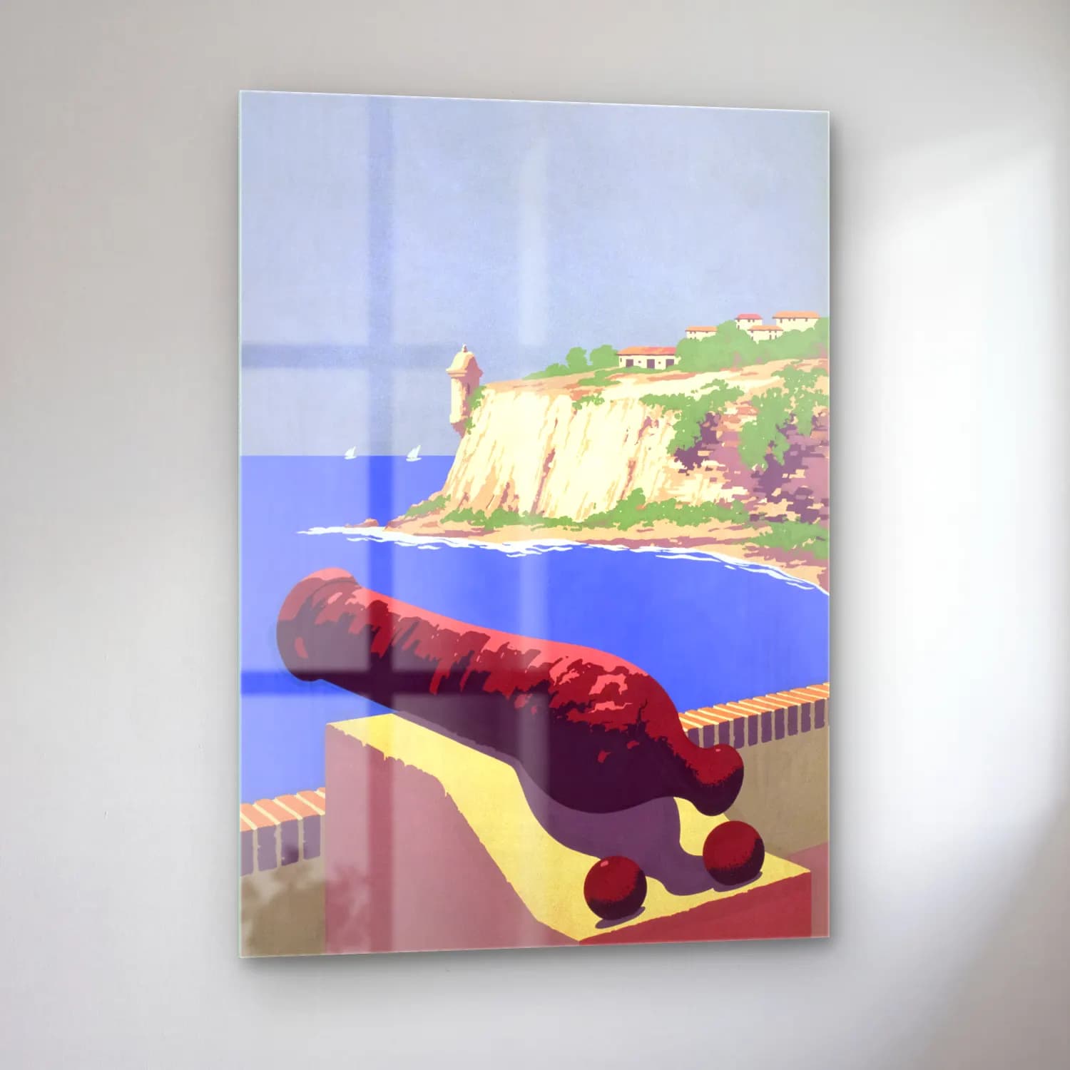 Vintage Poster Akdeniz Sahil Kasabası No. 23 cam tablo — sol açıdan görünüm