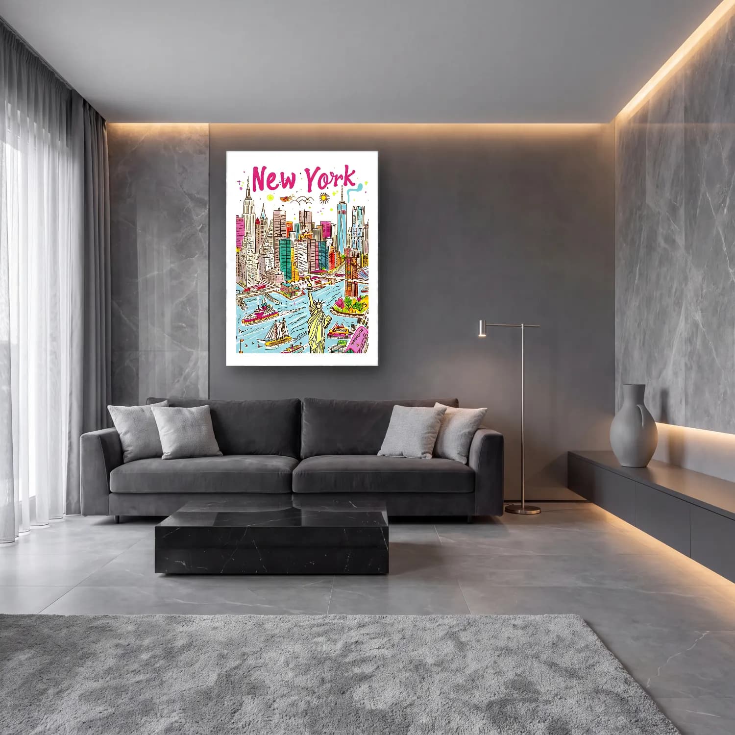 Maksimalist New York Silüeti No. 3 cam tablo — lüks salon duvarında
