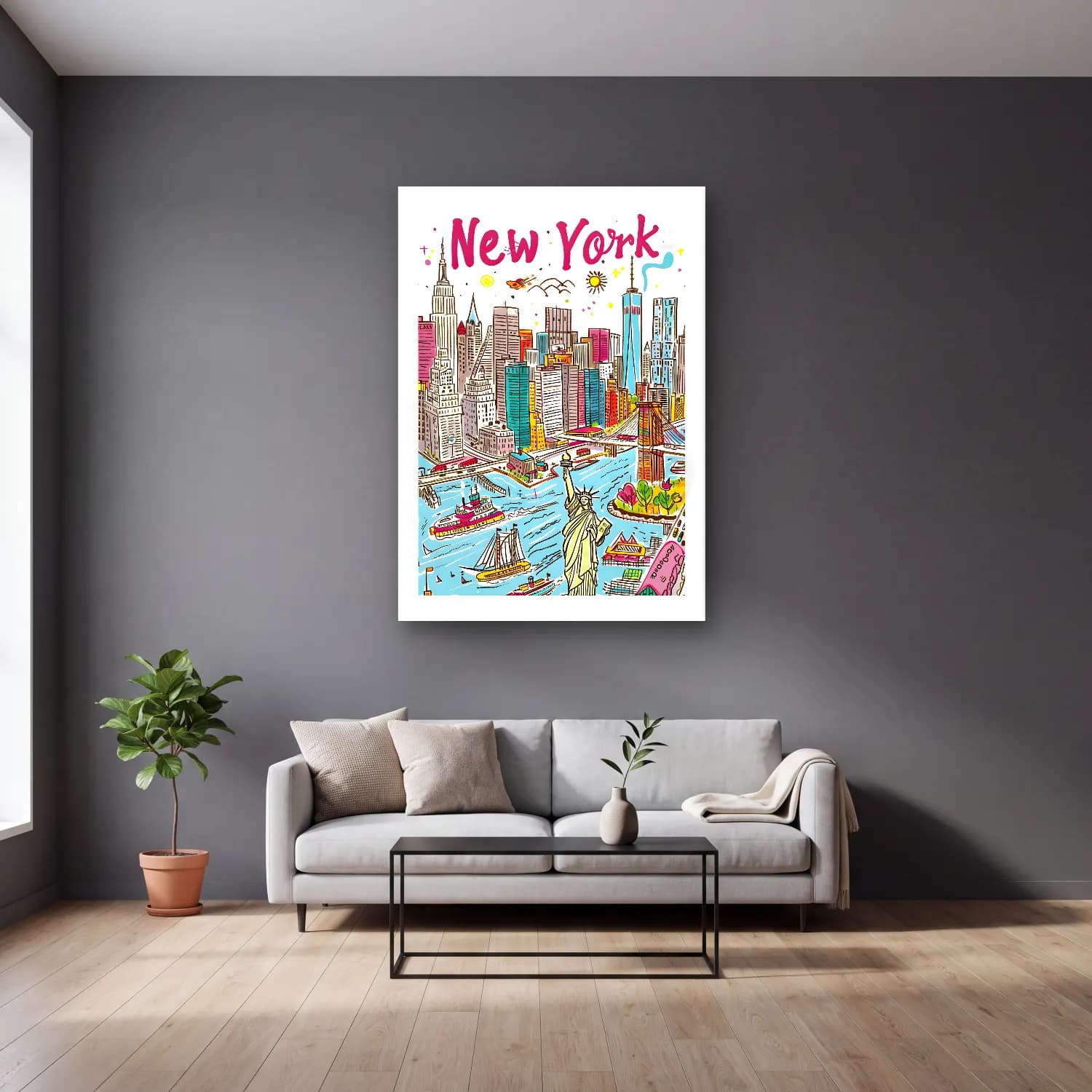 Maksimalist New York Silüeti No. 3 cam tablo — gri duvarlı salonda
