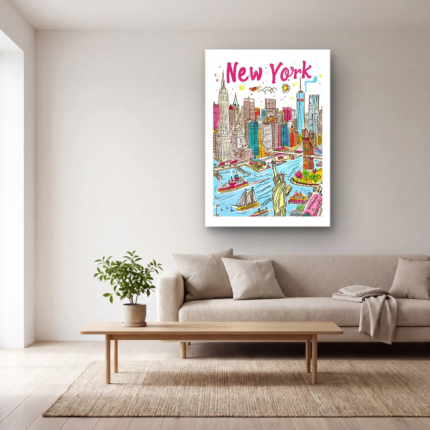 Maksimalist New York Silüeti No. 3 cam tablo — açık renk salonda