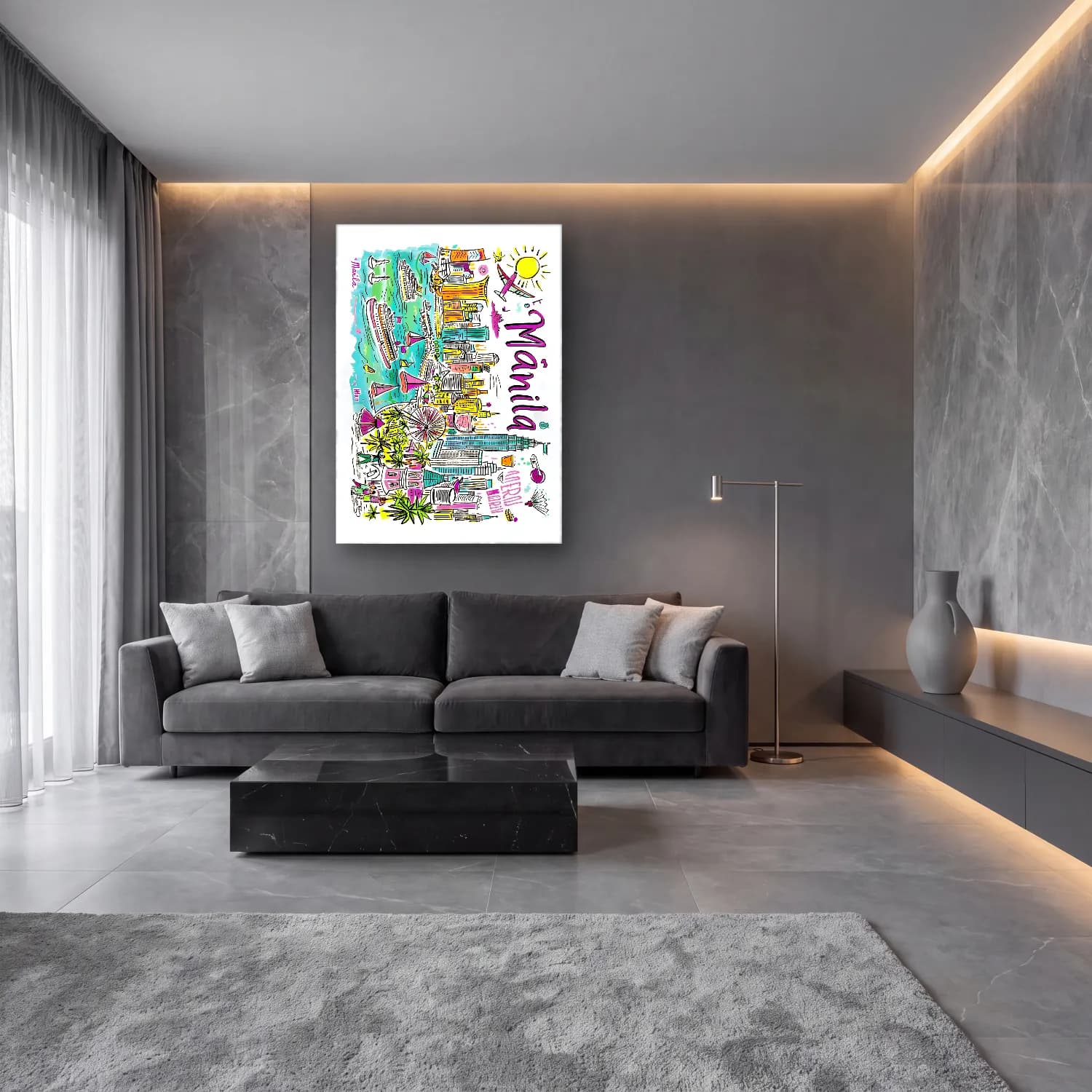 Maksimalist New York Silüeti No. 4 cam tablo — lüks salon duvarında