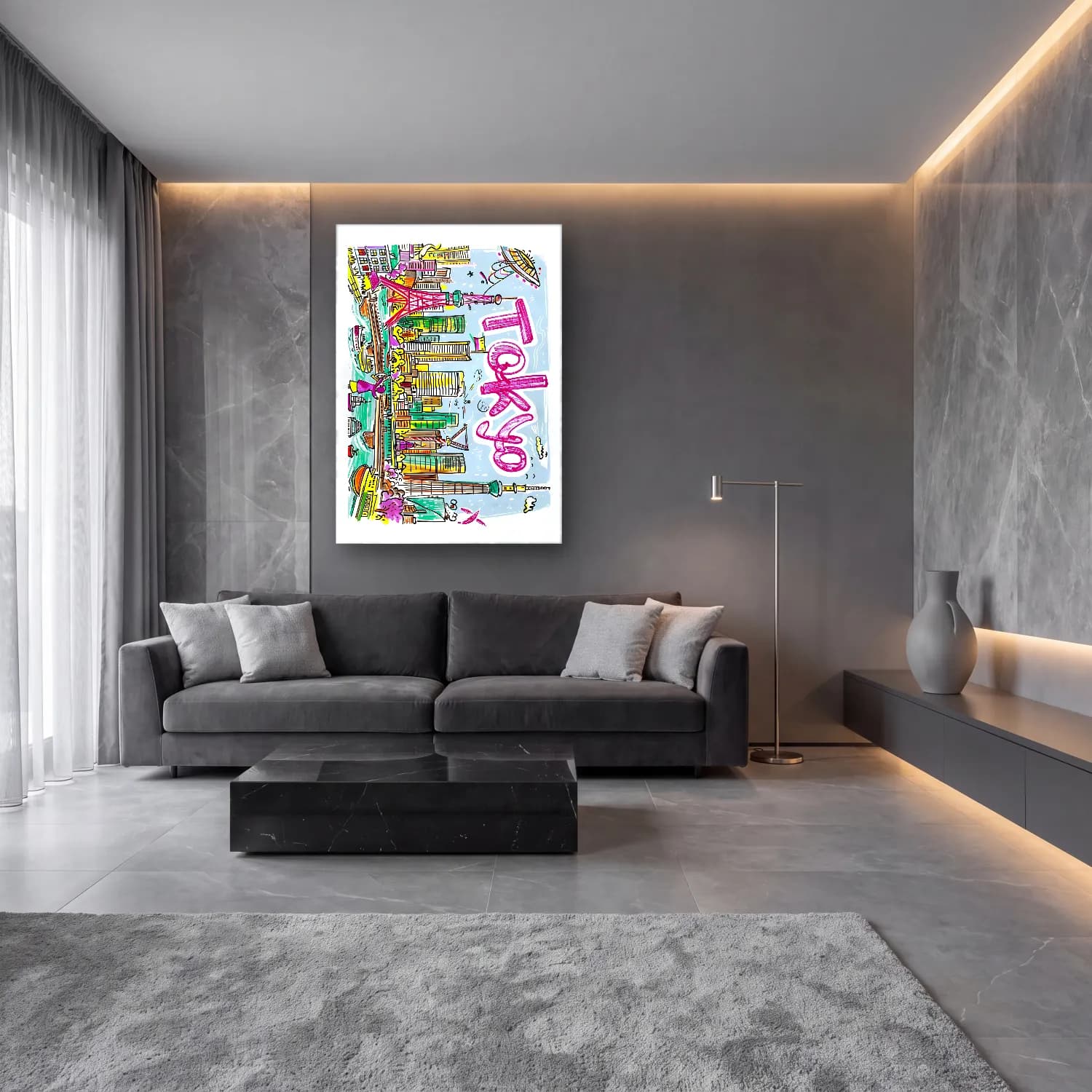 Pop Art Japon Şehri No. 3 cam tablo — lüks salon duvarında