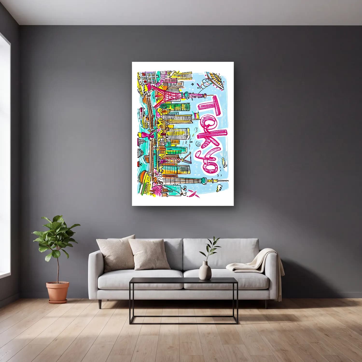 Pop Art Japon Şehri No. 3 cam tablo — gri duvarlı salonda