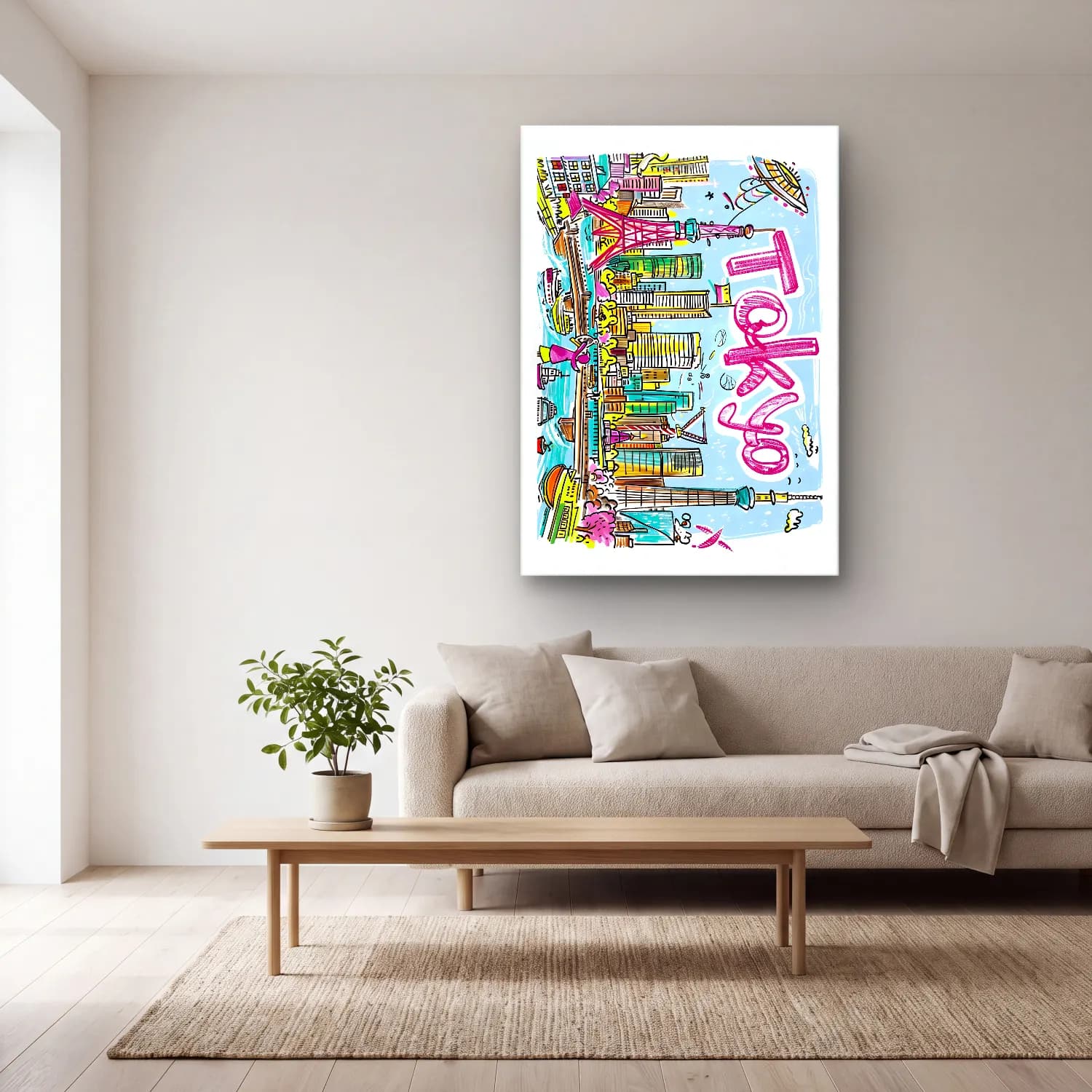Pop Art Japon Şehri No. 3 cam tablo — açık renk salonda