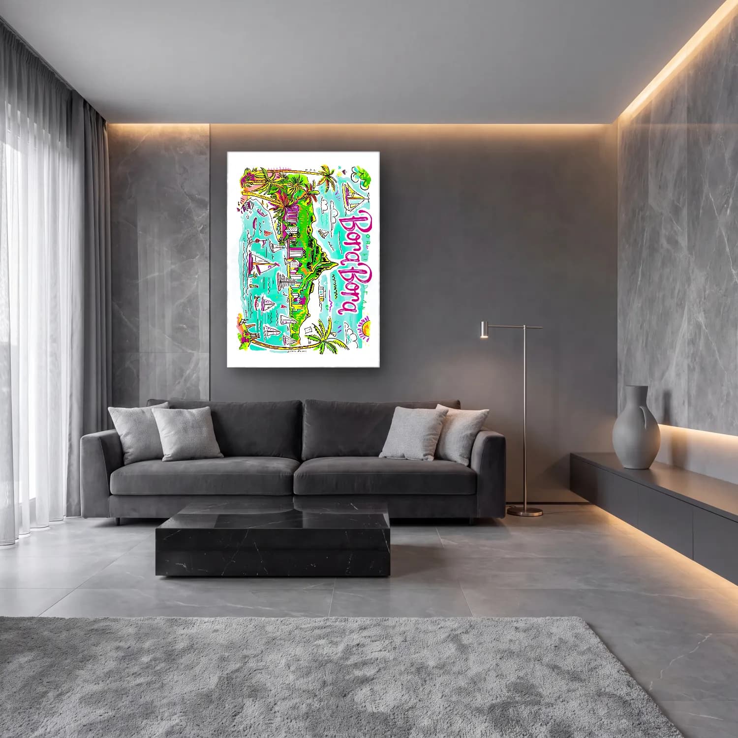 Pop Art Liman ve Tekneler cam tablo — lüks salon duvarında