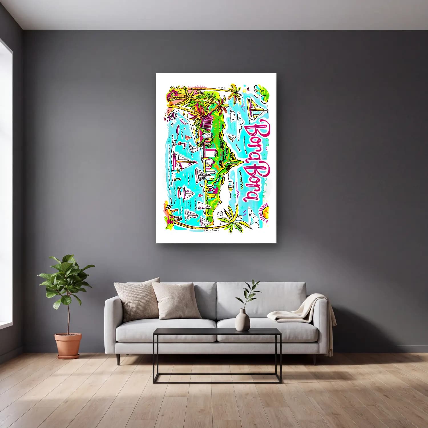 Pop Art Liman ve Tekneler cam tablo — gri duvarlı salonda