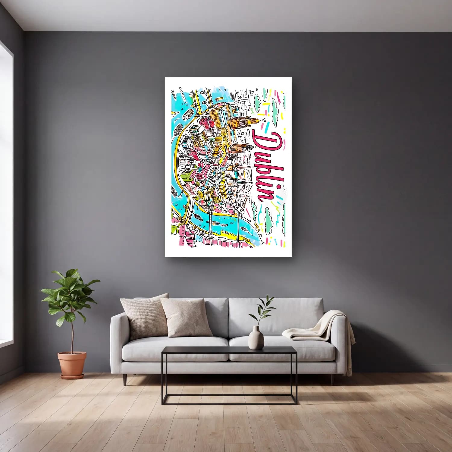 Pop Art Londra – Pembe Tonlar cam tablo — gri duvarlı salonda