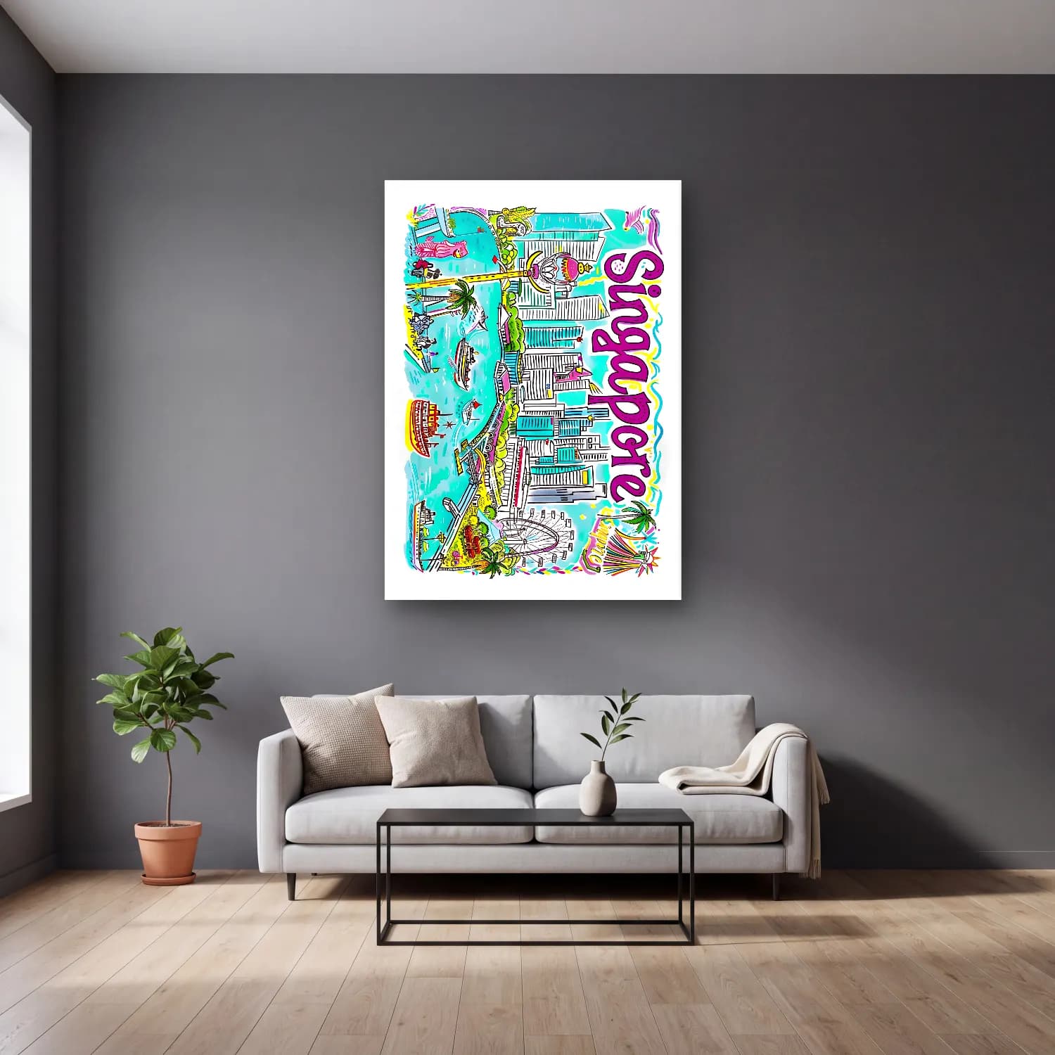 Pastel Sörf No. 14 cam tablo — gri duvarlı salonda