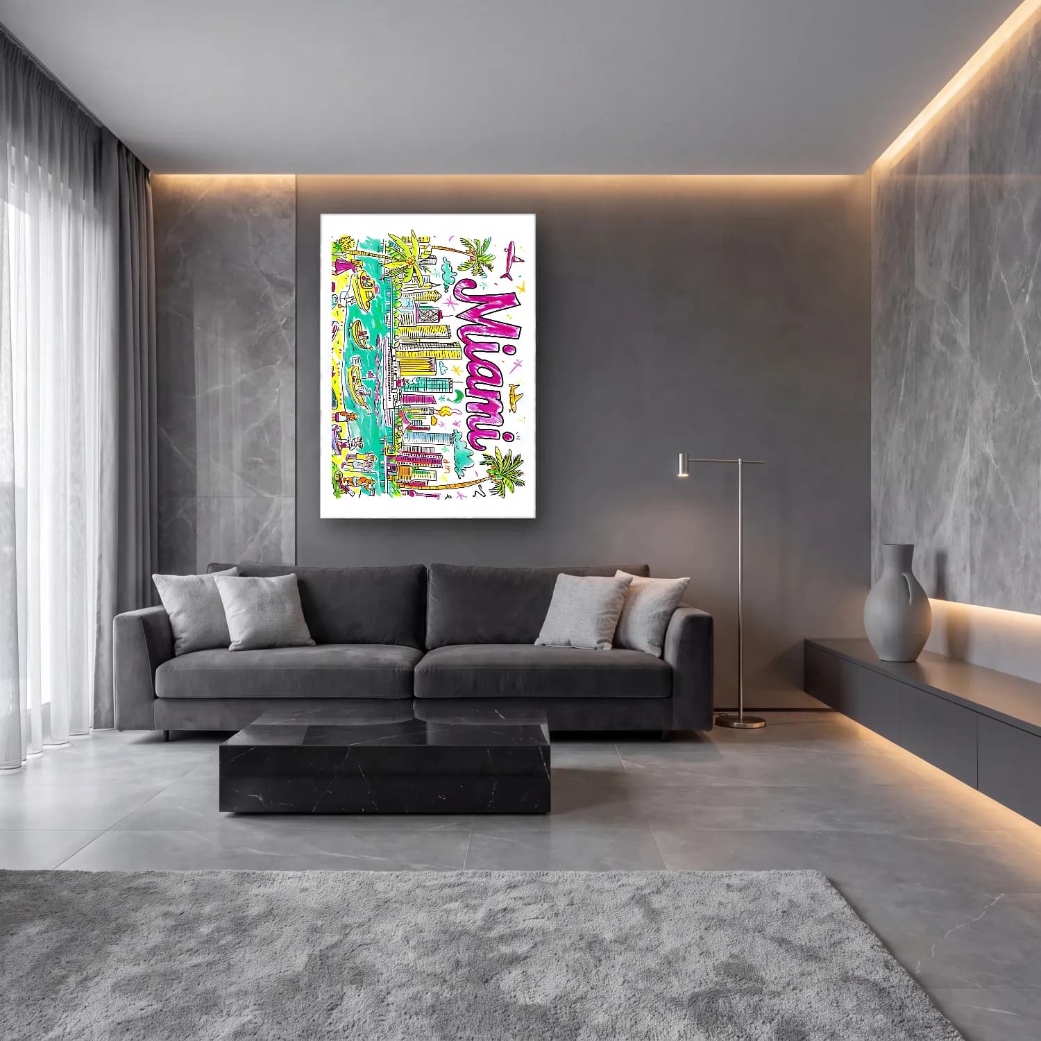 Pop Art New York Silüeti – Pembe Tonlar cam tablo — lüks salon duvarında