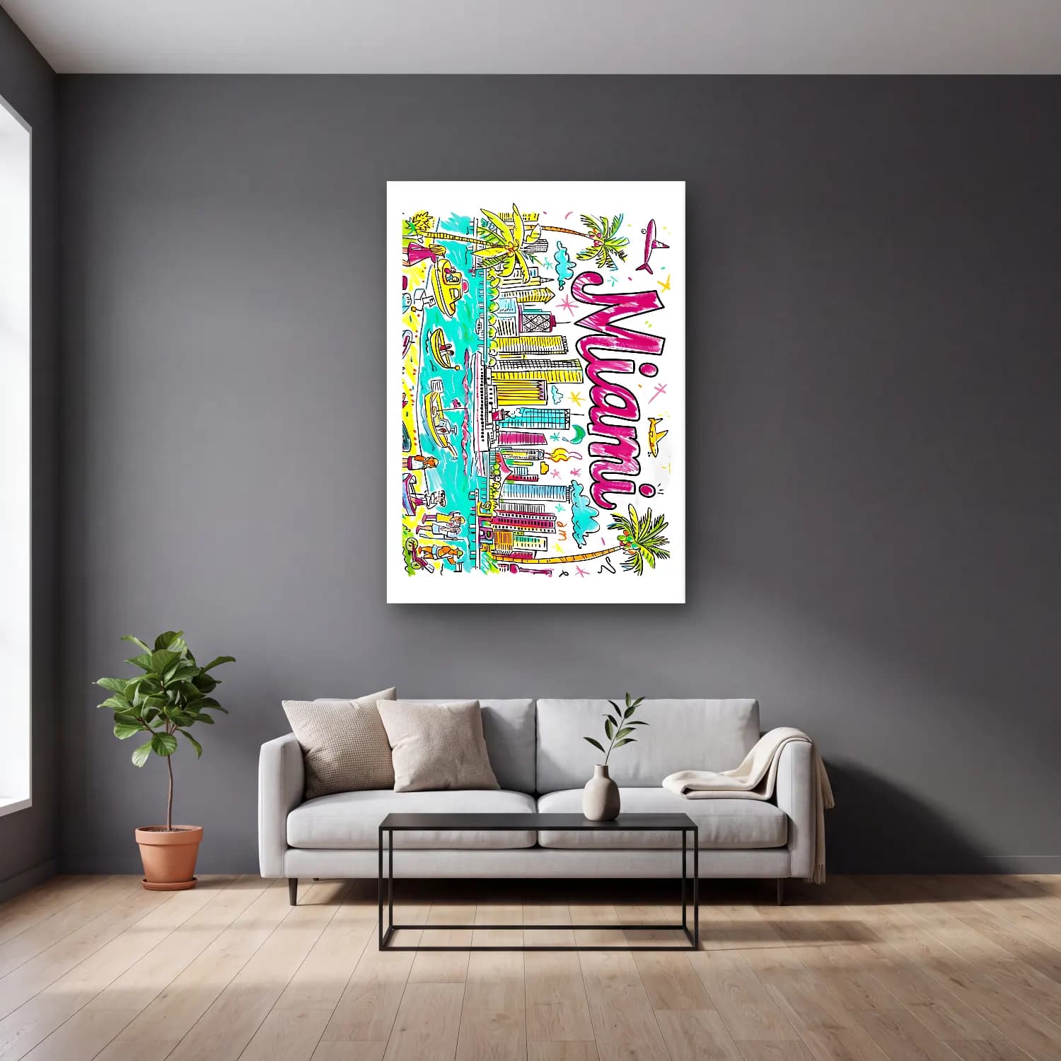 Pop Art New York Silüeti – Pembe Tonlar cam tablo — gri duvarlı salonda