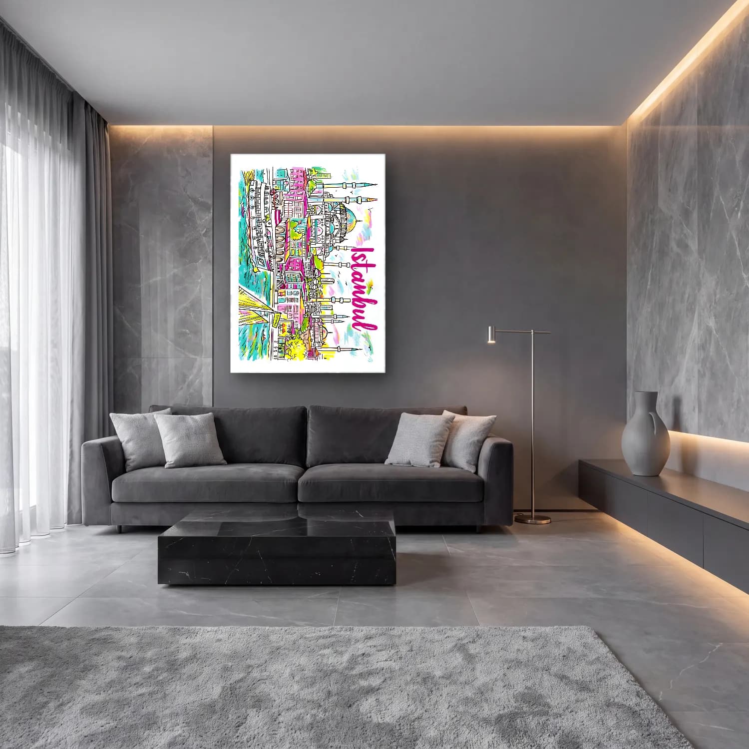 Maksimalist İstanbul – Pembe Tonlar cam tablo — lüks salon duvarında