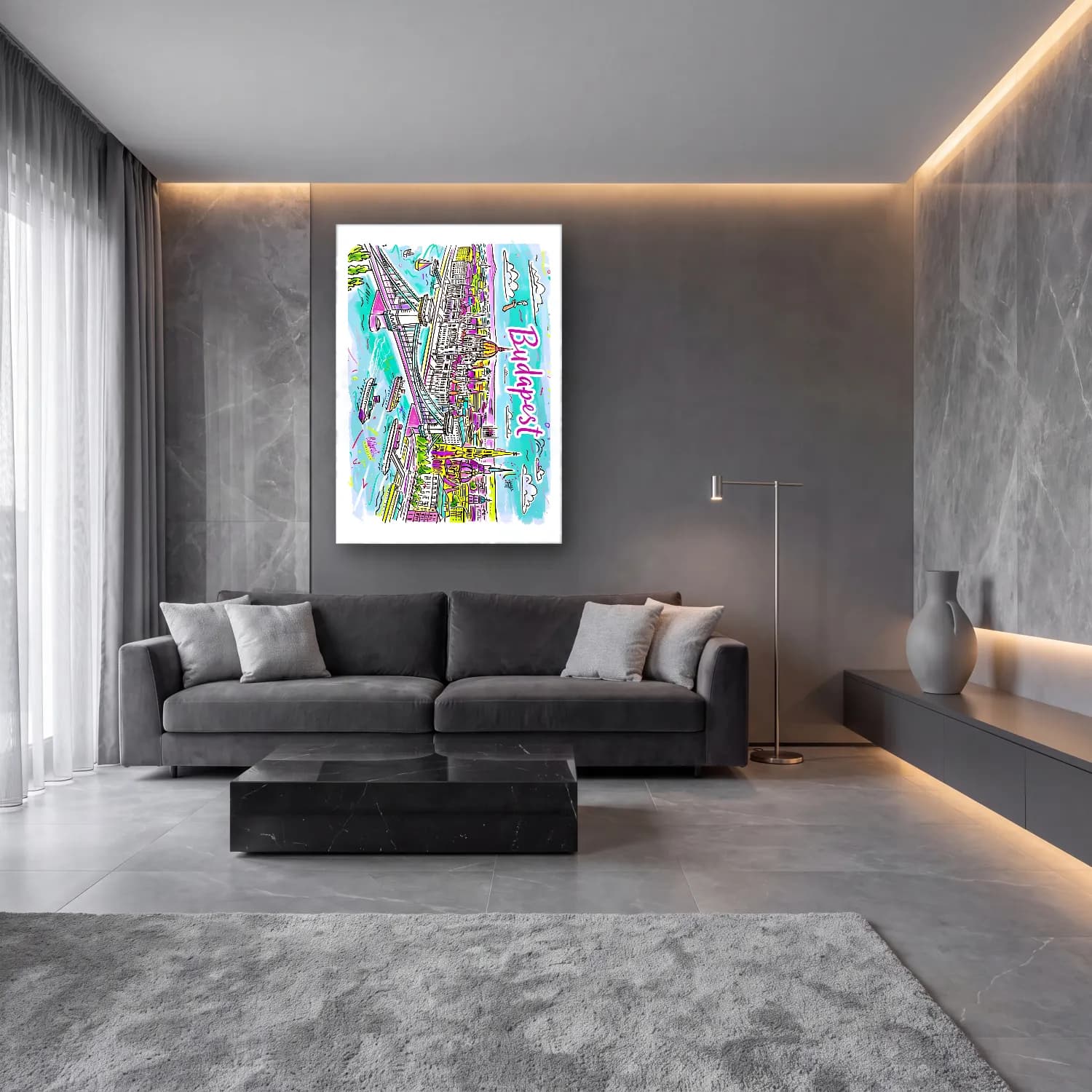 Pop Art İstanbul cam tablo — lüks salon duvarında