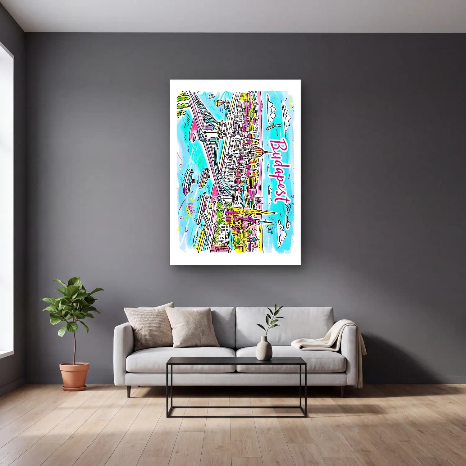 Pop Art İstanbul cam tablo — gri duvarlı salonda