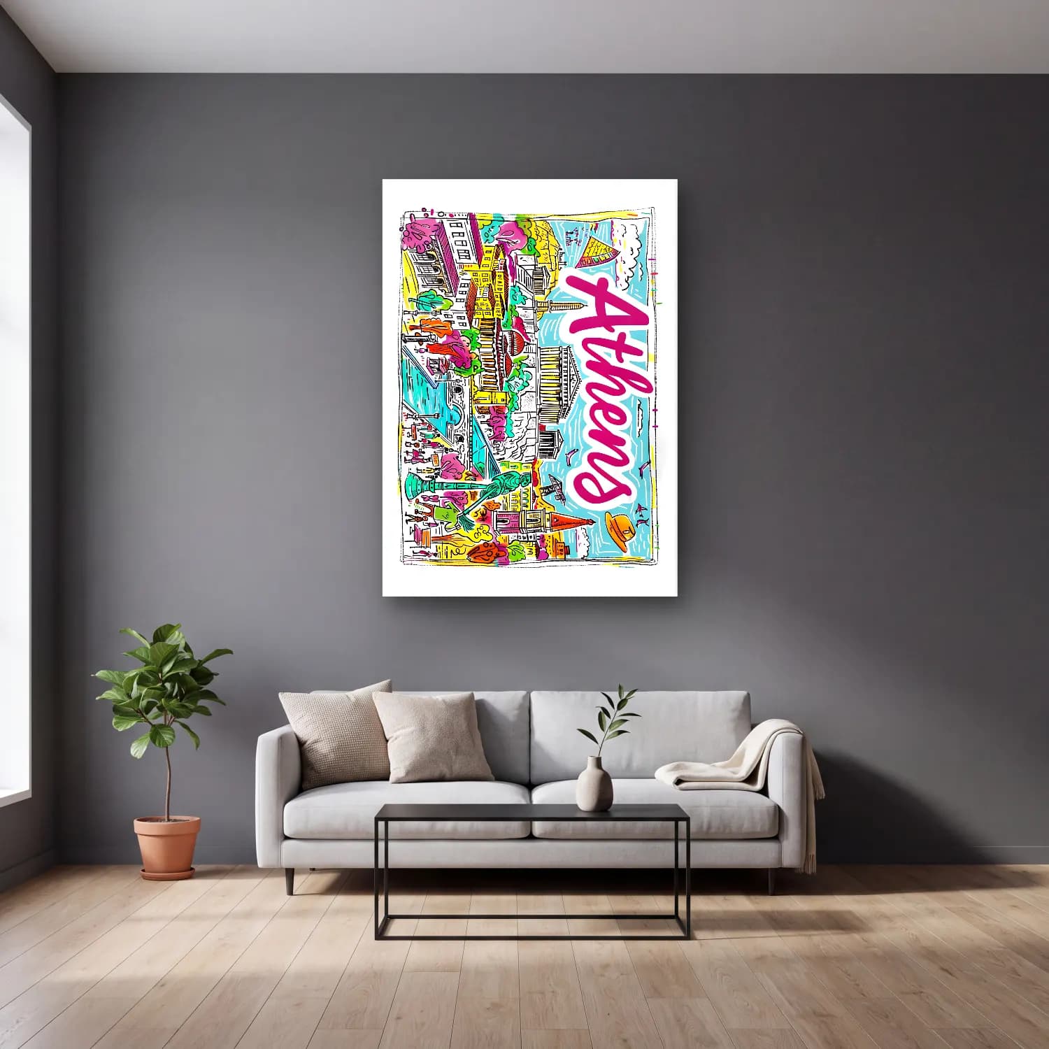 Pop Art Londra No. 4 cam tablo — gri duvarlı salonda