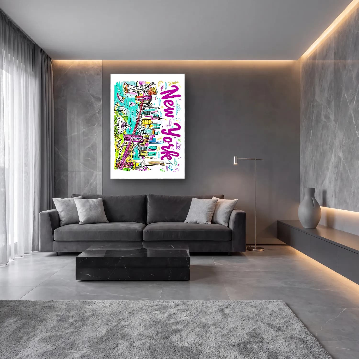 Pop Art New York Silüeti No. 5 cam tablo — lüks salon duvarında