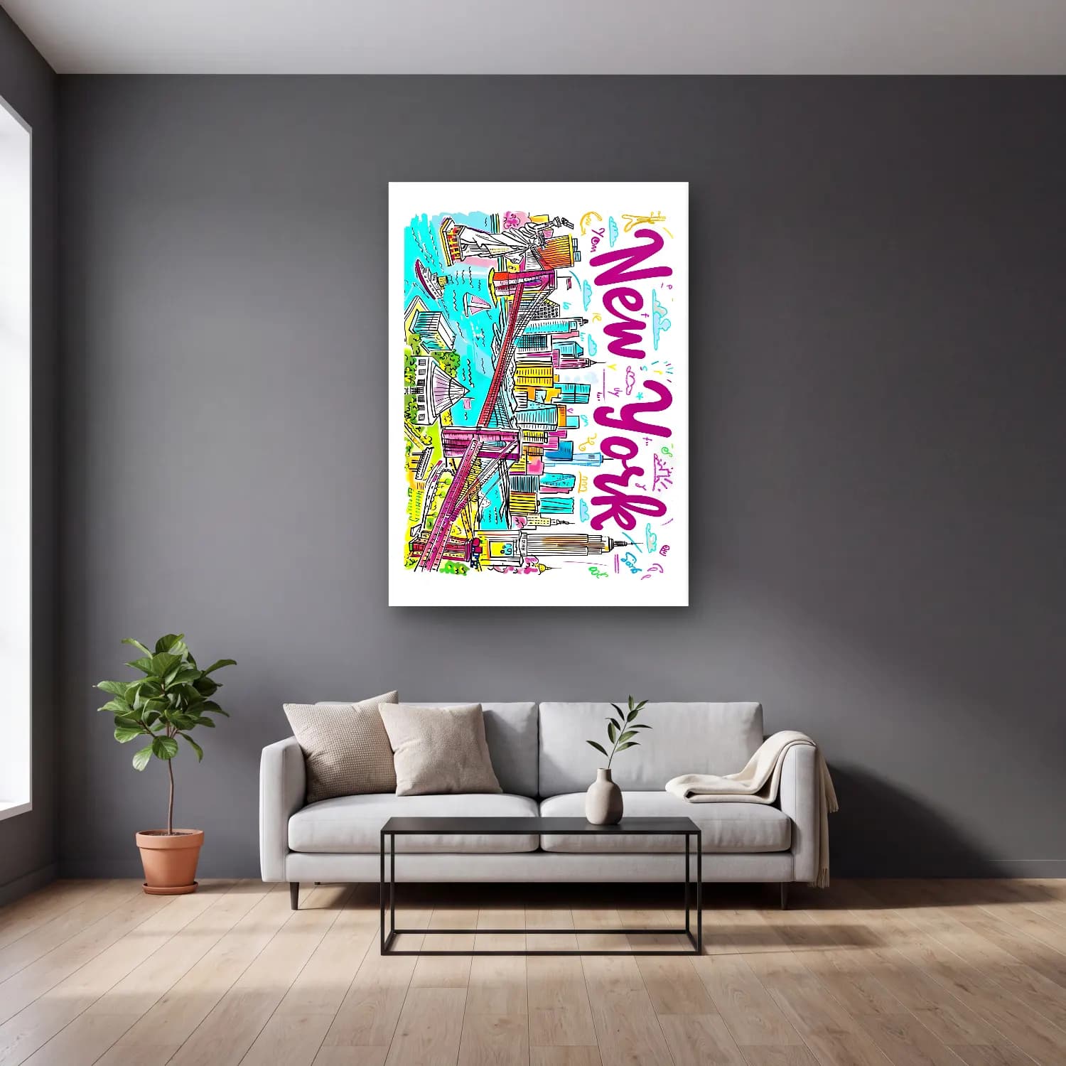Pop Art New York Silüeti No. 5 cam tablo — gri duvarlı salonda